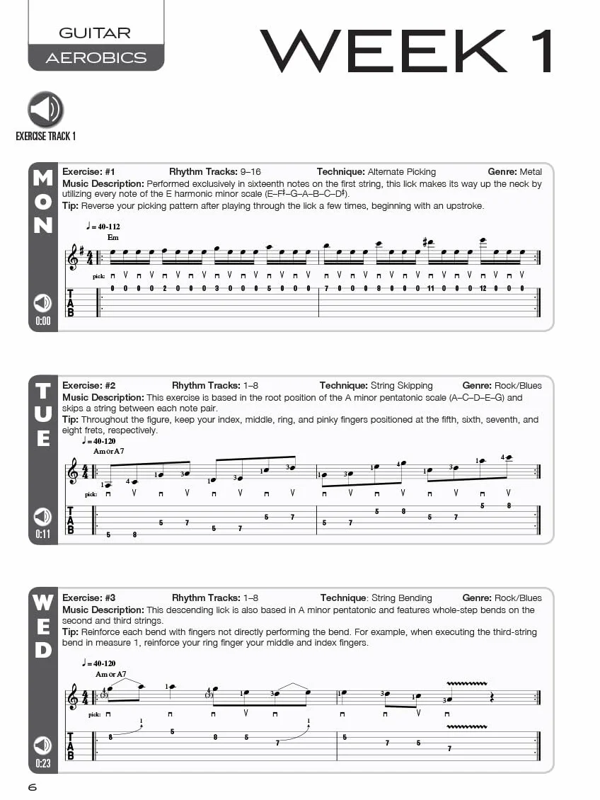 Guitar Aerobics Book/Online Audio: A 52-Week, One-Lick-Per-Day Workout Program for Developing, Improving & Maintaining Guitar Technique