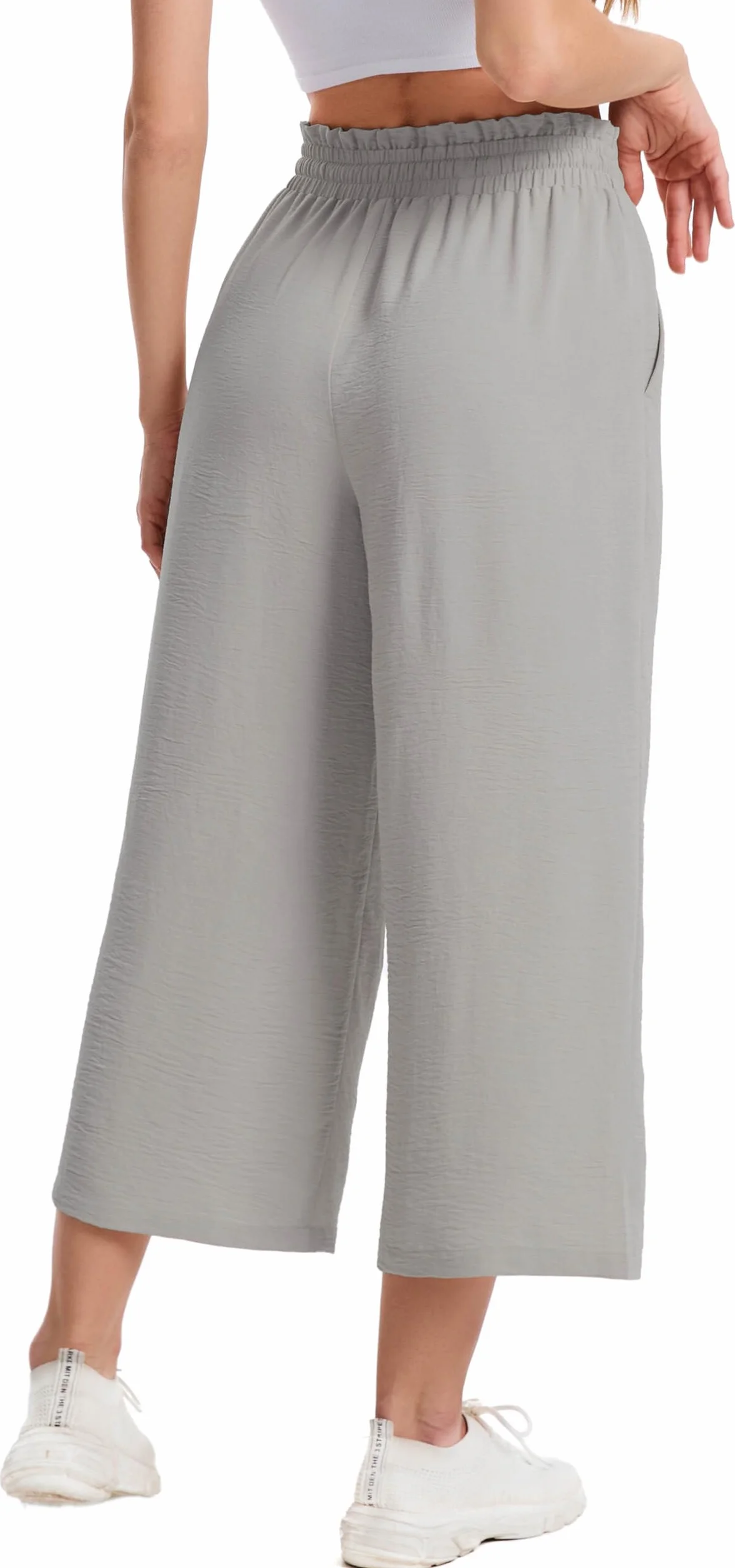 Damskie Spodnie Letnie 3/4 Culotte Wysoki Stan z Falbanką Elastyczną Talią Lekkie Oddychające Spodnie Capri z Kieszeniami dla Kobiet