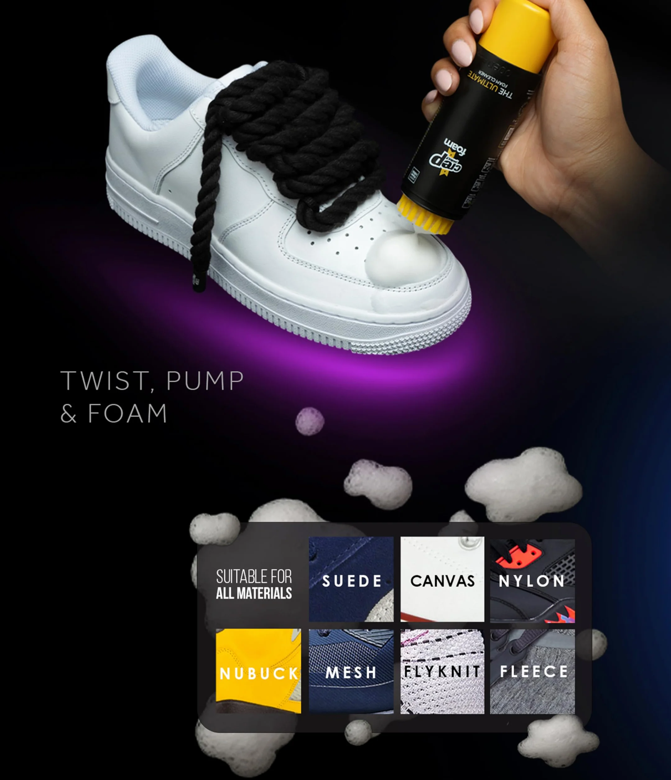 Crep Protect Piankowy zestaw do czyszczenia butów, pianka do czyszczenia trampek, z wbudowaną szczotką i ściereczką z mikrofibry, do skóry, zamszu, nubuku, płótna i białych butów, rozmiar podróżny