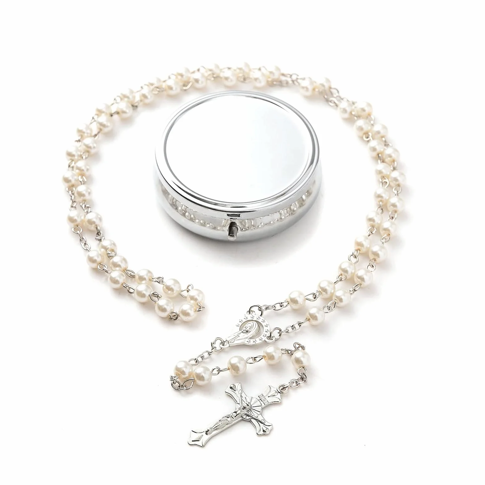 GlamRays Rosaria Beads Catholic - prezenty bierzmujące dla nastolatek, srebrne metalowe pudełko upominkowe w prostym stylu, biały różaniec ze sztucznej perły, prezenty dla kobiet, Large