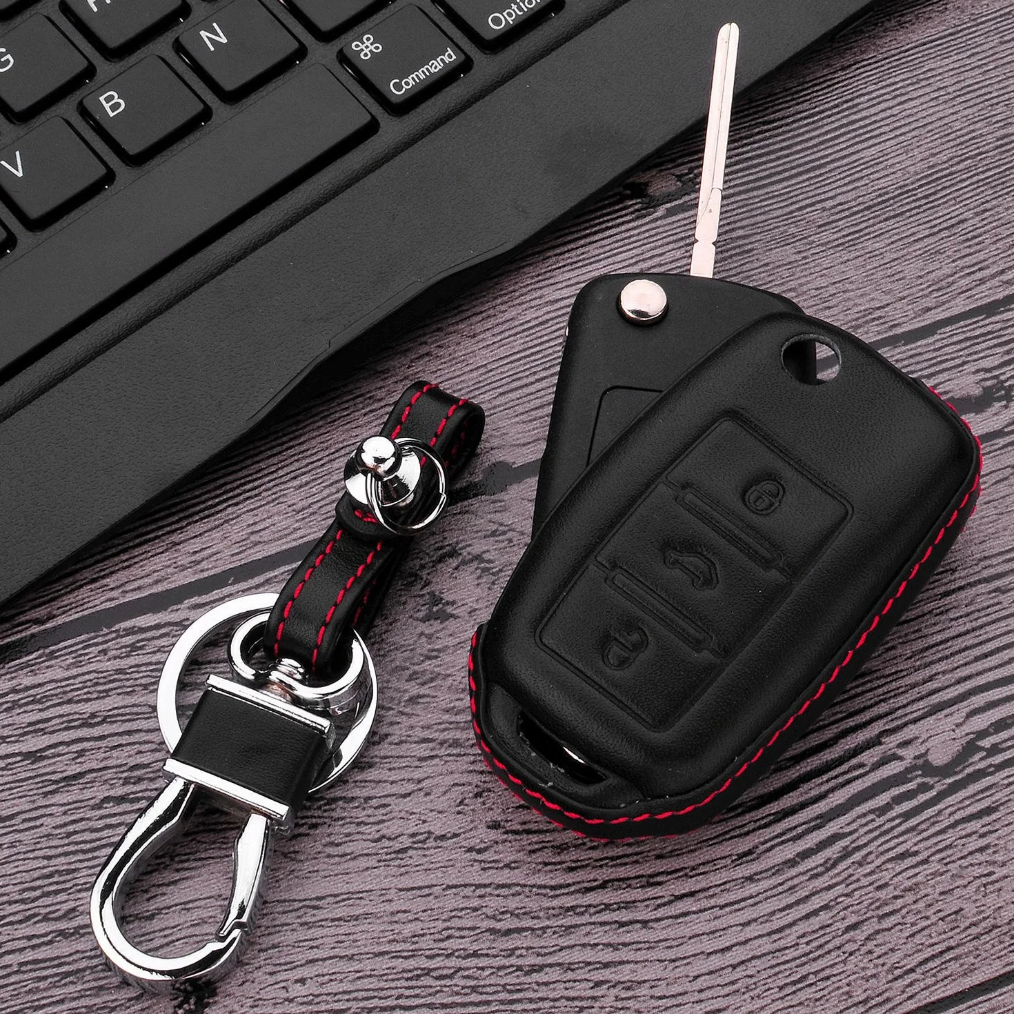 M.JVisun Prawdziwa Skóra Kluczyk Samochodowe Etui na Klucze dla Skoda Citigo Fabia Octavia Rapid Spaceback Roomster Superb Combi Yeti 3 Przyciski Składany Kluczyk Samochodowy - Czarny
