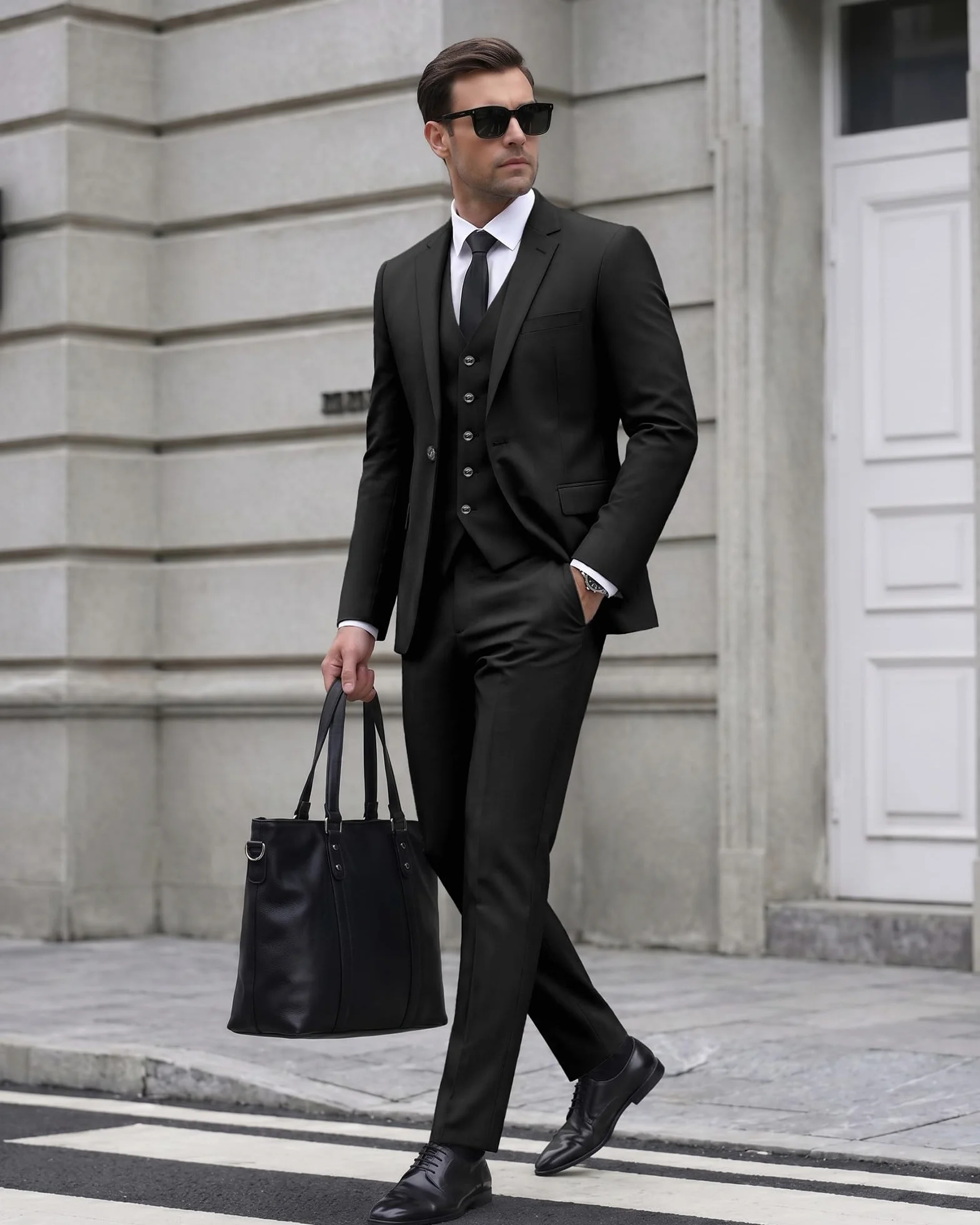 Cooper & Nelson Męski garnitur slim fit, 3-częściowe garnitury dla mężczyzn, jednokolorowa kurtka z jednym guzikiem, kamizelka spodnie z krawatem, zestaw smokingowy
