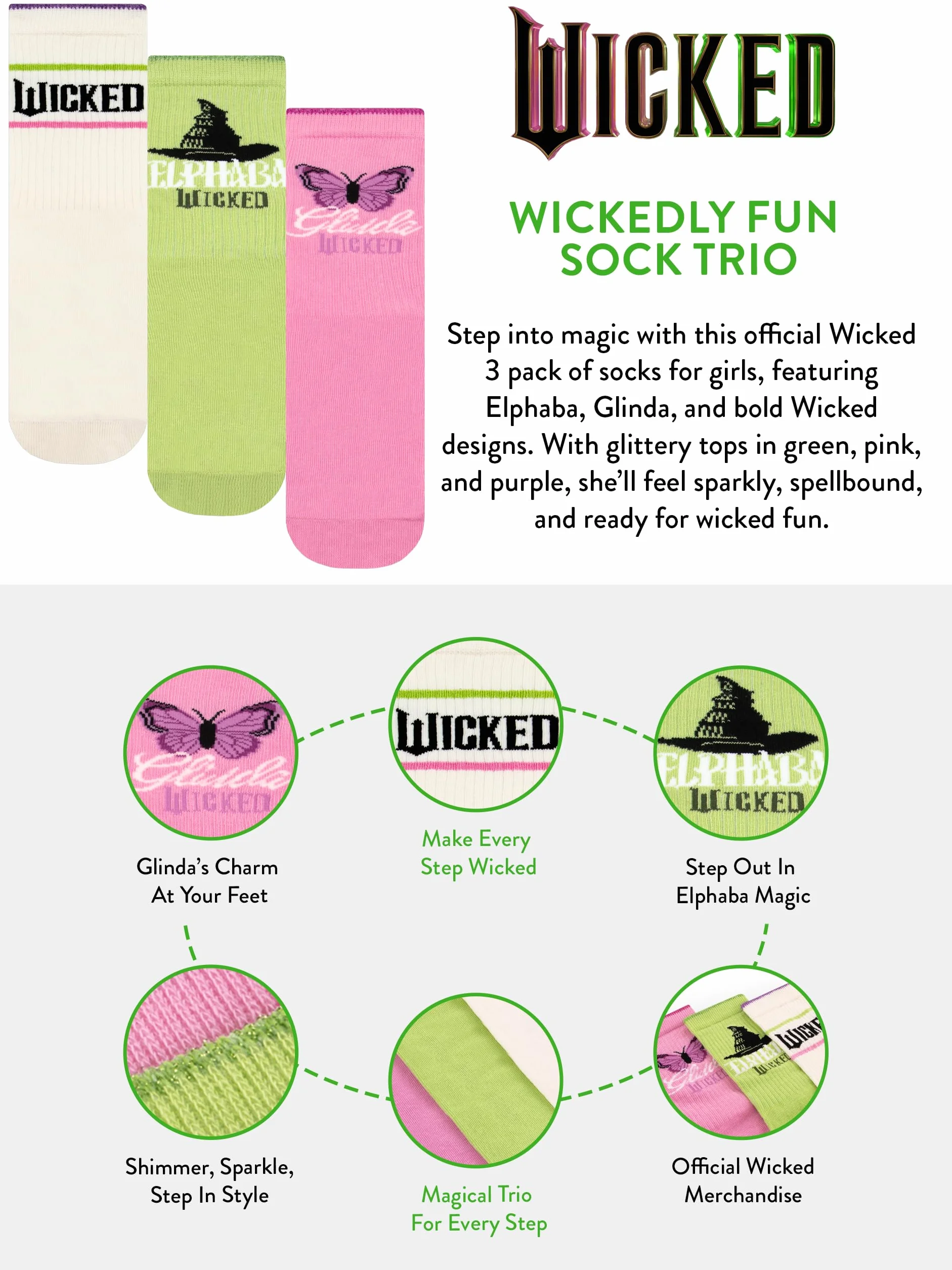 WICKED Skarpetki Dziewczęce 3-Pak, Multipack Glinda i Elphaba Skarpetki dla Dzieci, Oficjalny Merch