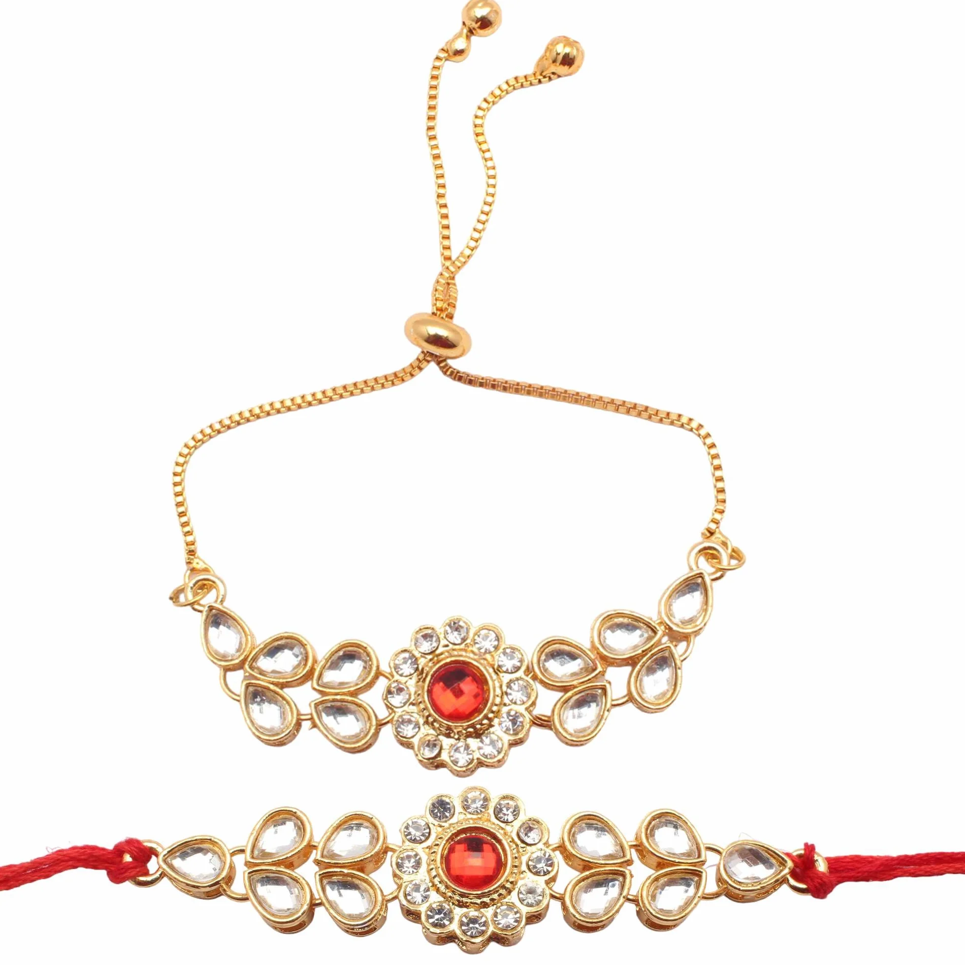2 designerskie tradycyjne perły i kamienie, wysadzane koralikami zestaw Rakhi dla Bhaiya Bhabhi z opakowaniem Roli Chawal w zestawie do Rakshabandhan Rakhi Combo, zestaw Bhaiya Bhabhi Rakhi