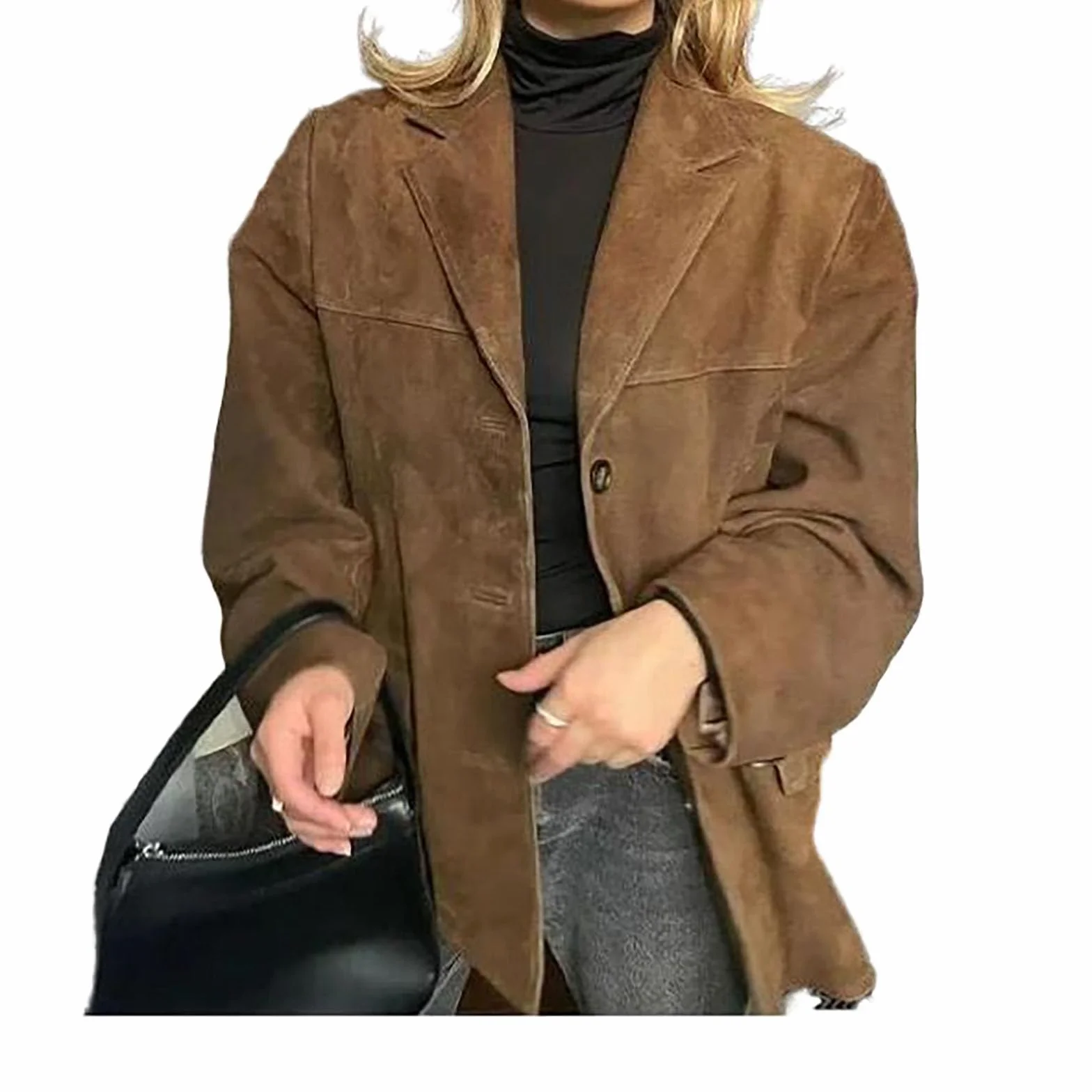 Damskie Faux Suede Kurtki Lapel Kołnierz Suede Marynarka Jesień Zima Długi Rękaw Moda Zamsz Kurtki