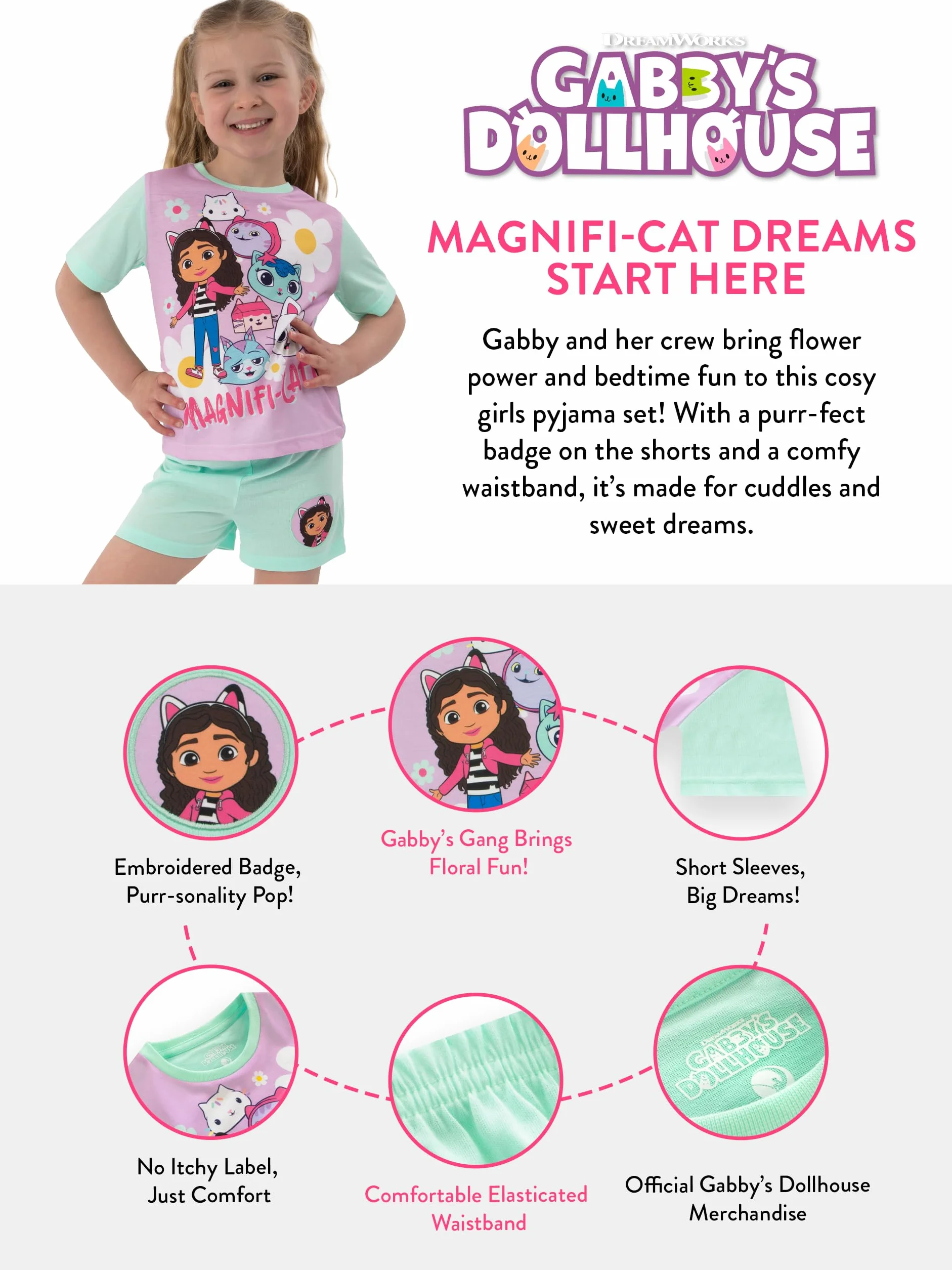 Dreamworks Gabby's Dollhouse Piżama Dziewczęca Krótki Rękaw, Letnie Piżamy Dla Dziewczynek, Uroczy Zestaw Piżamowy, Wiek 3–10 Lat