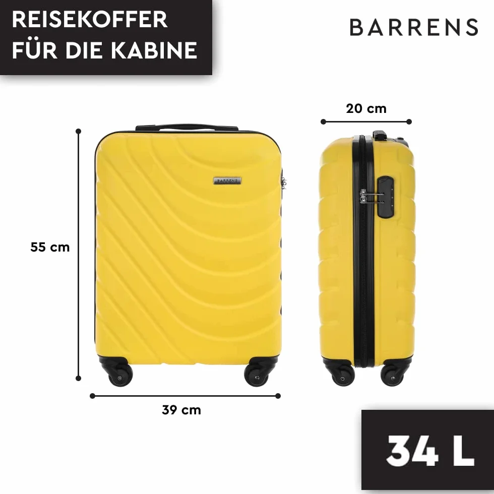 BARRENS Walizka kabinowa | Bagaż kabinowy | 55x39x20cm | 34 L | Materiał ABS | Zamek szyfrowy | Walizka podróżna | Bagaż podręczny na 4 kółkach | Elastyczna rączka | Walizka twarda | Żółta