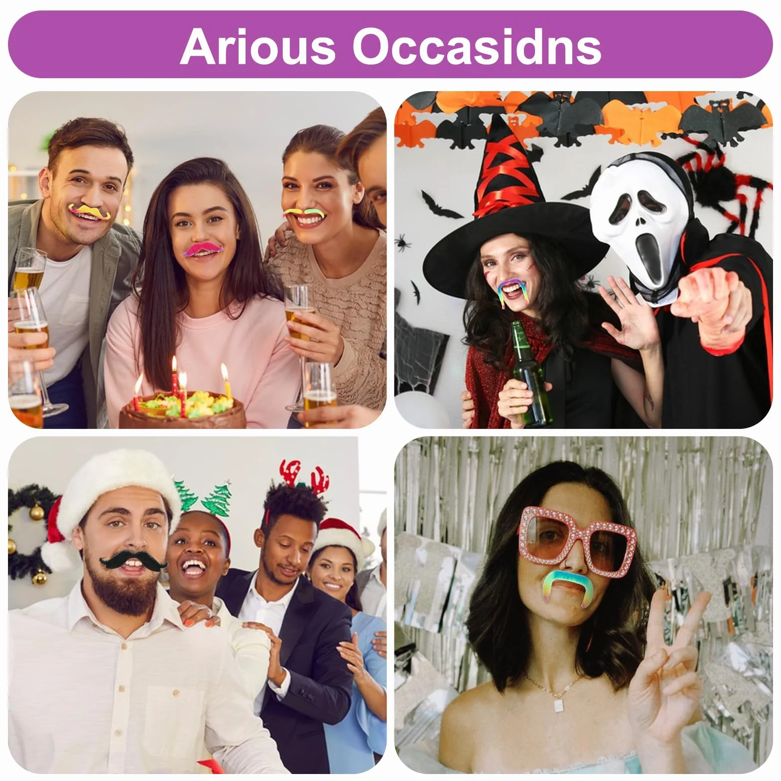 Nogeqi 48 sztuk wąsów do przyklejenia, wąsy, samoprzylepne, na maskaradę, urodziny, imprezę, Halloween, karnawał, Boże Narodzenie