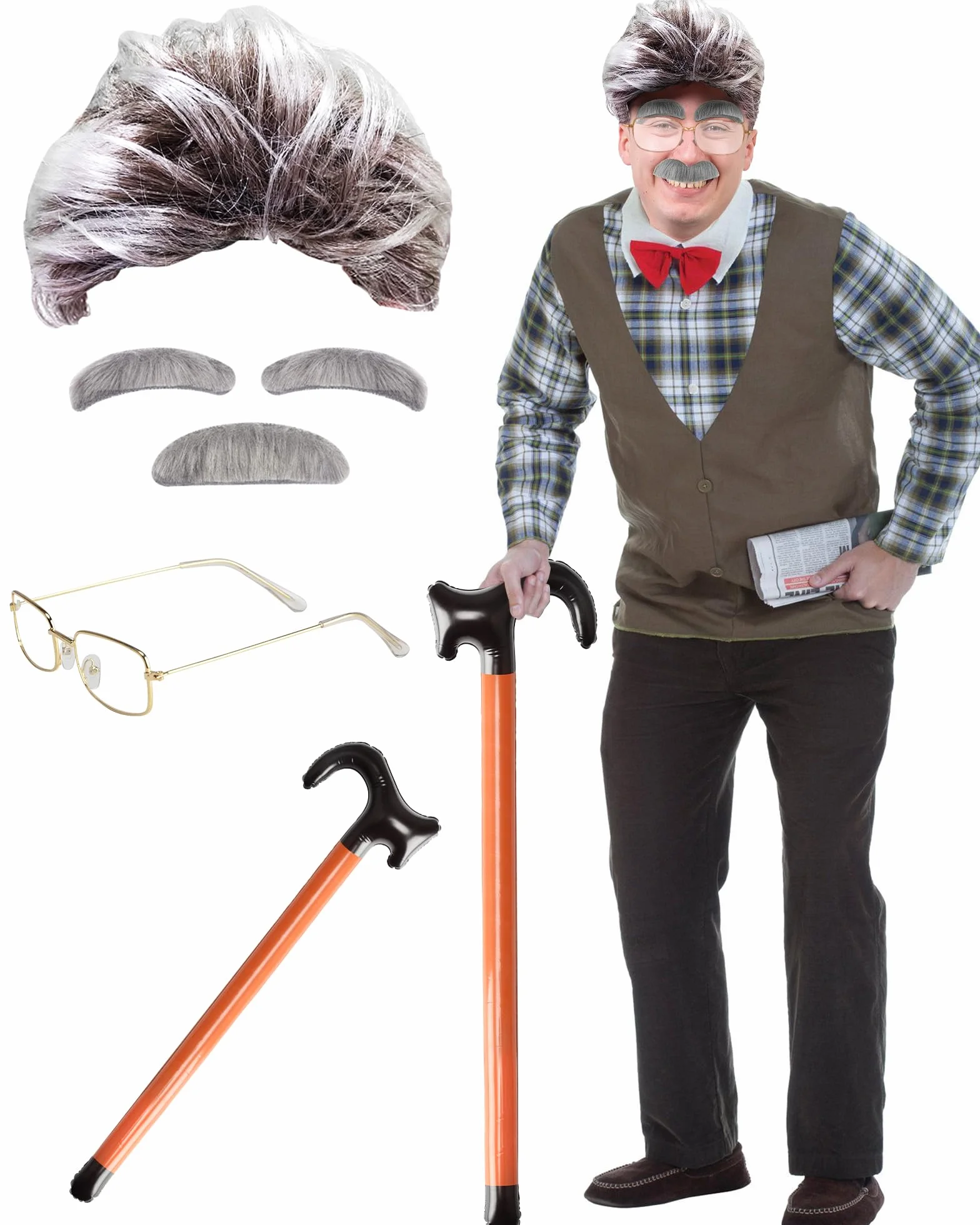 Kostium starego mężczyzny, peruka, wąsy, brwi, okrągłe okulary i nadmuchiwana laska, męski, Halloween, karnawał, nowatorskie rekwizyty, stary profesor, szalony naukowiec, Albert Einstien