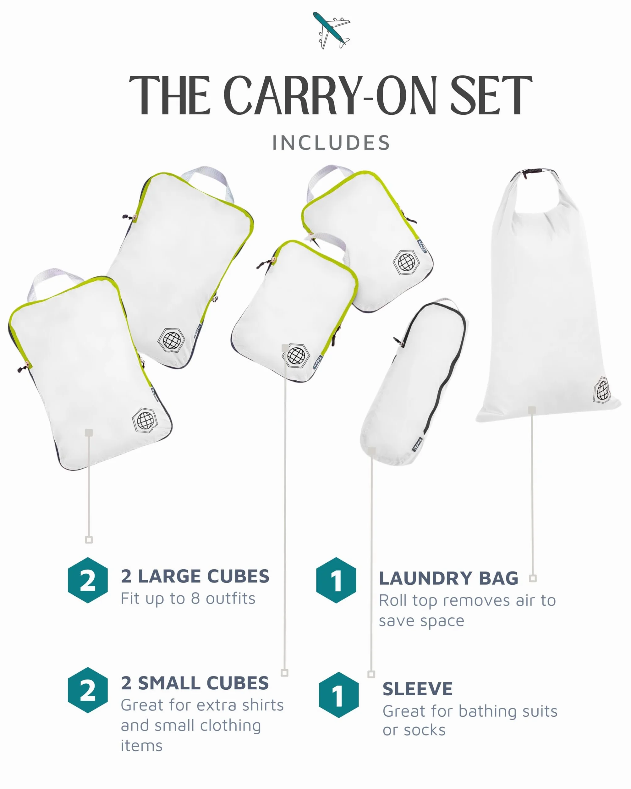 TRIPPED Travel Gear 6-częściowy zestaw kompresyjnych kostek do pakowania Carryon Travel, lekkie torby bagażowe z podwójnym zamkiem błyskawicznym (białe i zielone)
