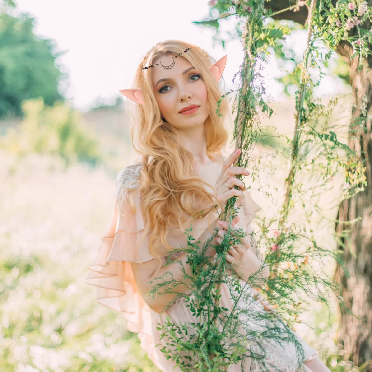 Biżuteria z uszami elfów, cosplay, wróżka, elf, ucho, księżyc, głowa, łańcuszek elf, retro, kryształowa tiara, ozdoba głowy, opaska na włosy, miękkie uszy elfów, kostium damski