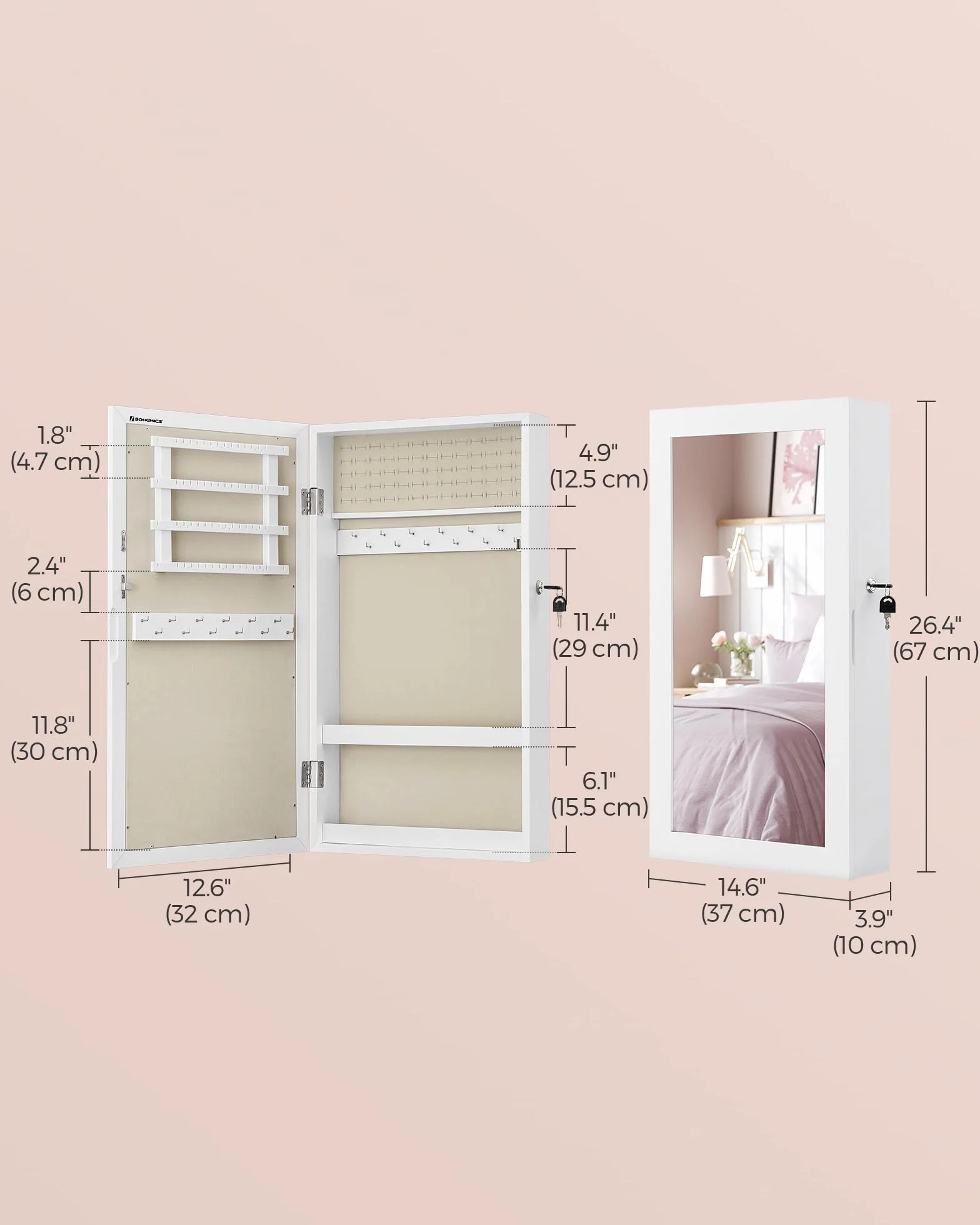 SONGMICS JJC051W02 Szafka na biżuterię, montowana na ścianie, z lustrem i miejscem do przechowywania, zamykana, organizer, oszczędność miejsca, biała powierzchnia, szara wyściółka
