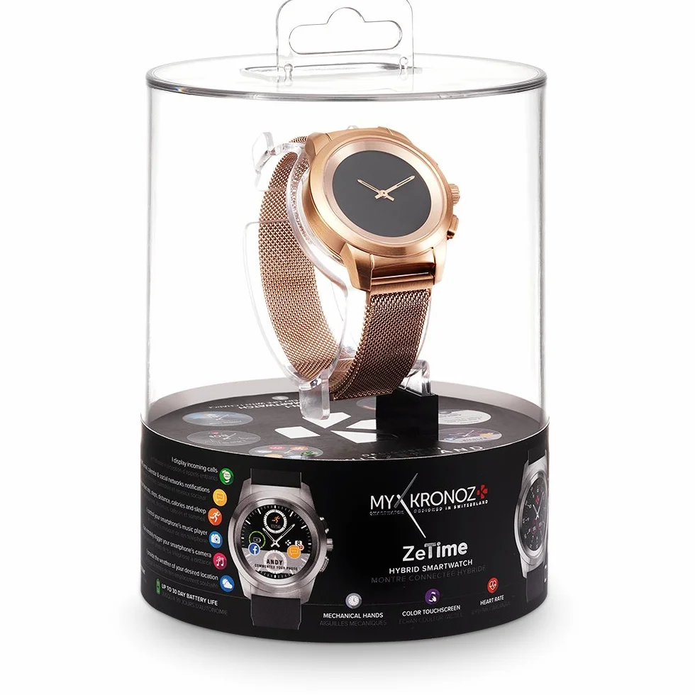 MyKronoz ZeTime Elite Hybrid Smartwatch 44 mm z mechanicznymi wskazówkami na kolorowym ekranie dotykowym – szczotkowany czarny/metalowy krawat