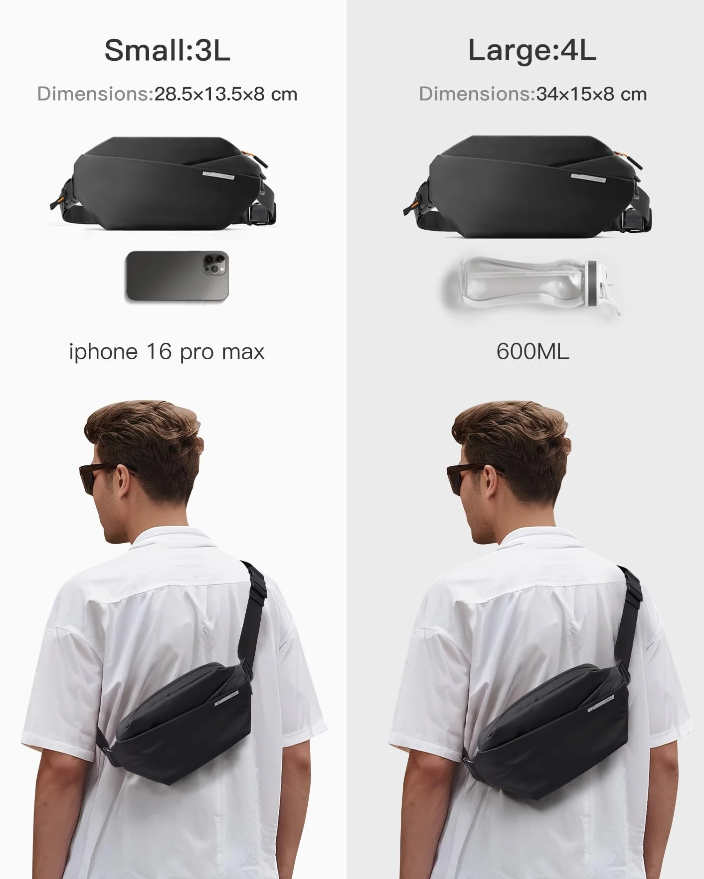 Inateck Sling Bag X, kompaktowa torba na klatkę piersiową dla mężczyzn i kobiet, wodoszczelna torba na brzuch, torba na ramię, na co dzień, w podróży, na wędrówki, czarny, 3L, casual