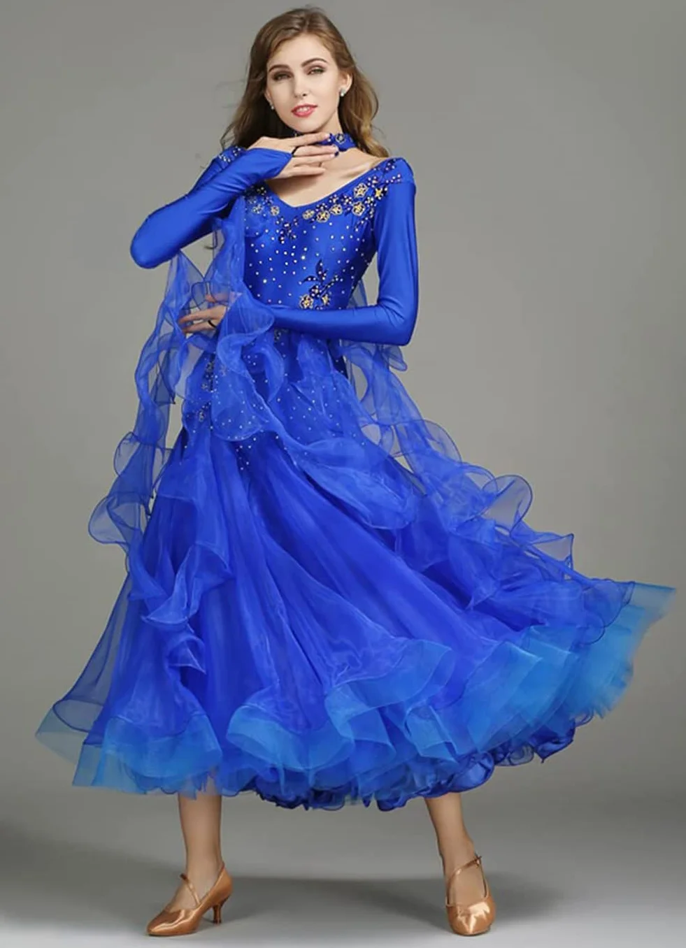 Damskie sukienki tańca towarzyskiego, wykwintne hafty diamentowe Foxtrot Waltz konkursowa sukienka, taniec nowoczesny z długim rękawem Prom Performance Dance Dress