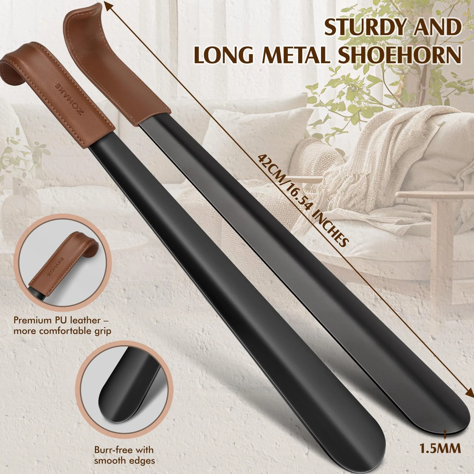 ZOMAKE Łyżka Do Butów Metalowa Długi 42cm 2Szt,Stali Nierdzewnej Róg Do Butów Stabilna Klakson But Z Wspornikiem ściennym Dla Seniorów Męska Kobieta(2Szt Czarny)