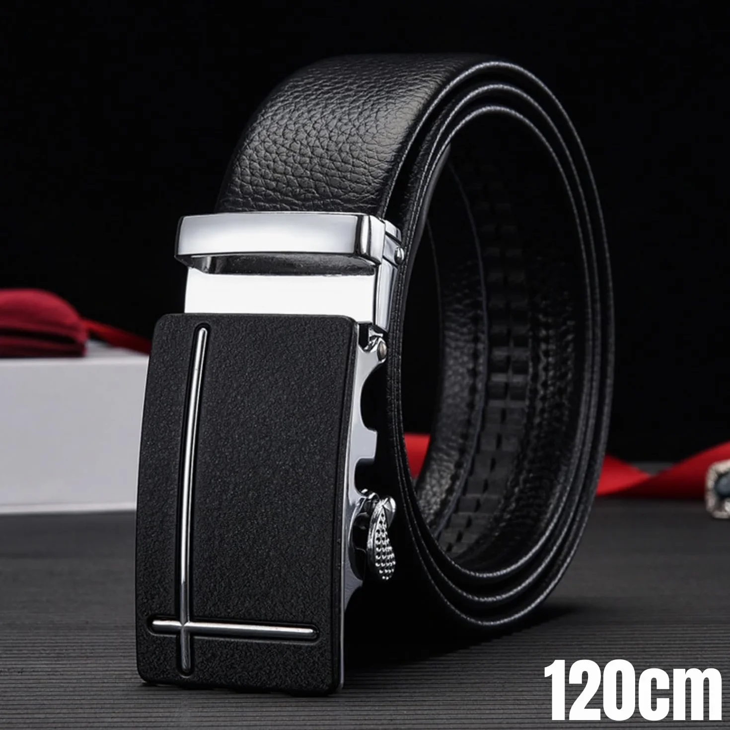 Tokaneit Pasek męski, męski pasek ze skóry zapadkowej Automatyczna klamra 35 mm, regulowane przycinanie do dopasowania, czarne, 120×3.5 cm