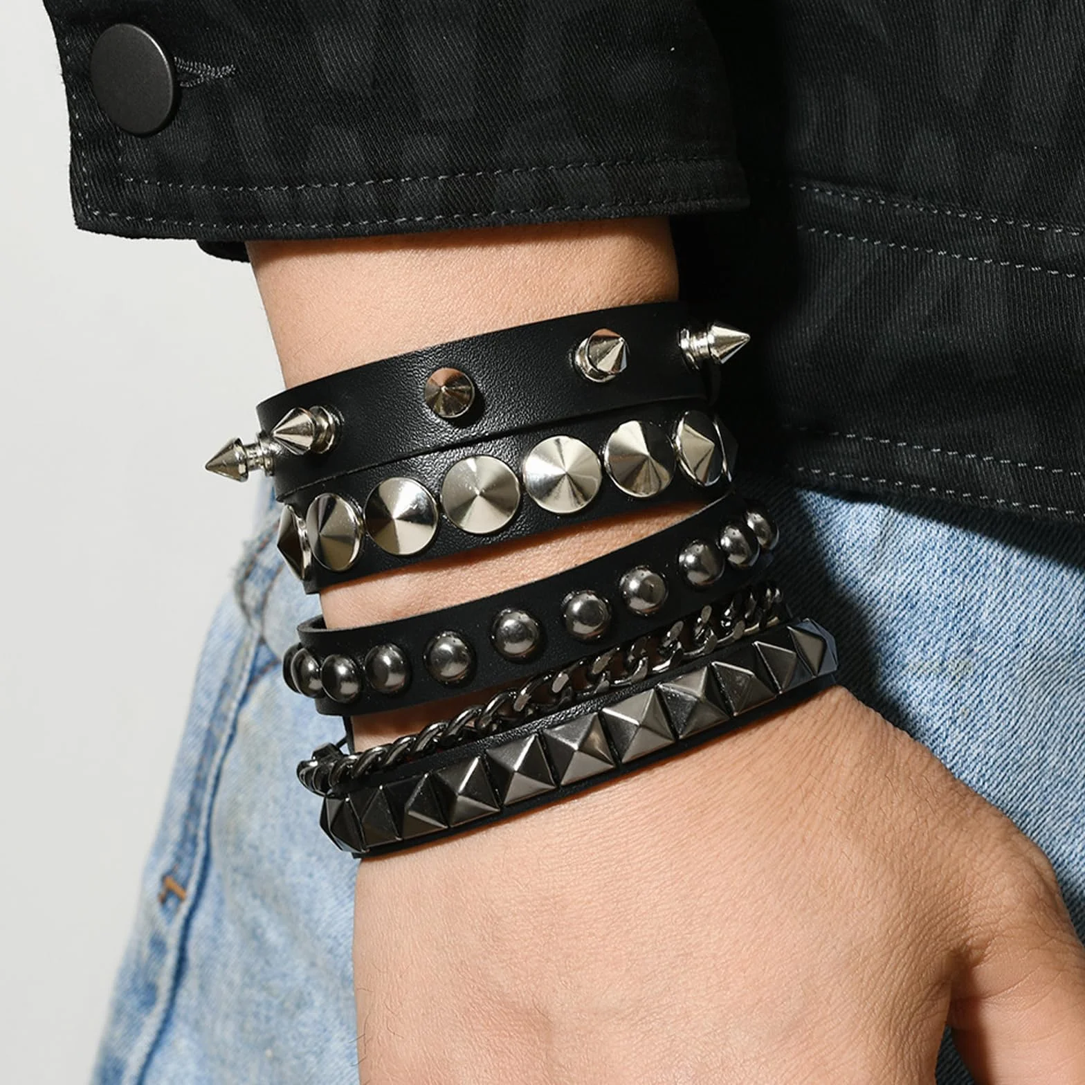 YNR Czarne skórzane bransoletki punk rock, gotyckie bransoletki z ćwiekami, styl punk rockowy, vintage, dla mężczyzn i kobiet, akcesoria steampunkowe z lat 80., regulowana opaska na nadgarstek, na