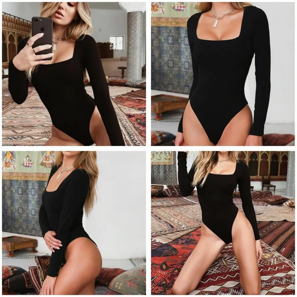 Body damskie z długim rękawem bodysuit z kwadratowym dekoltem seksowne body damskie z długim rękawem eleganckie eleganckie topy miękkie jednolity kolor casualowa rozciągliwa koszulka