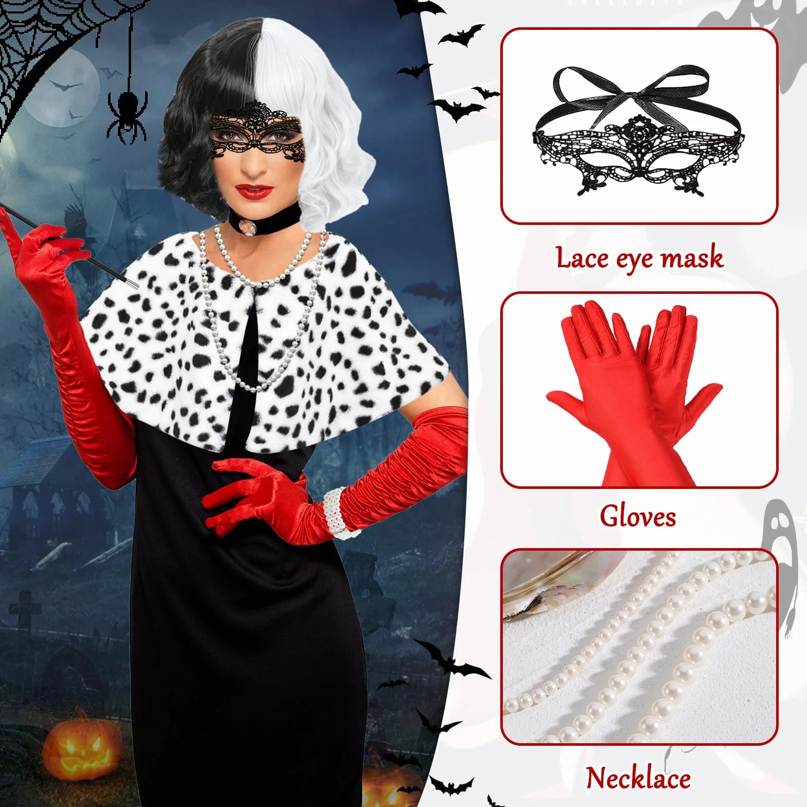 9 sztuk Cruella Zestaw cosplay dla kobiet, czarna i biała peruka, diabelski strój z peruką, maską, perłami, bransoletkami, rękawiczkami, szalikiem, papierosem i siatkowymi rajstopami na karnawał