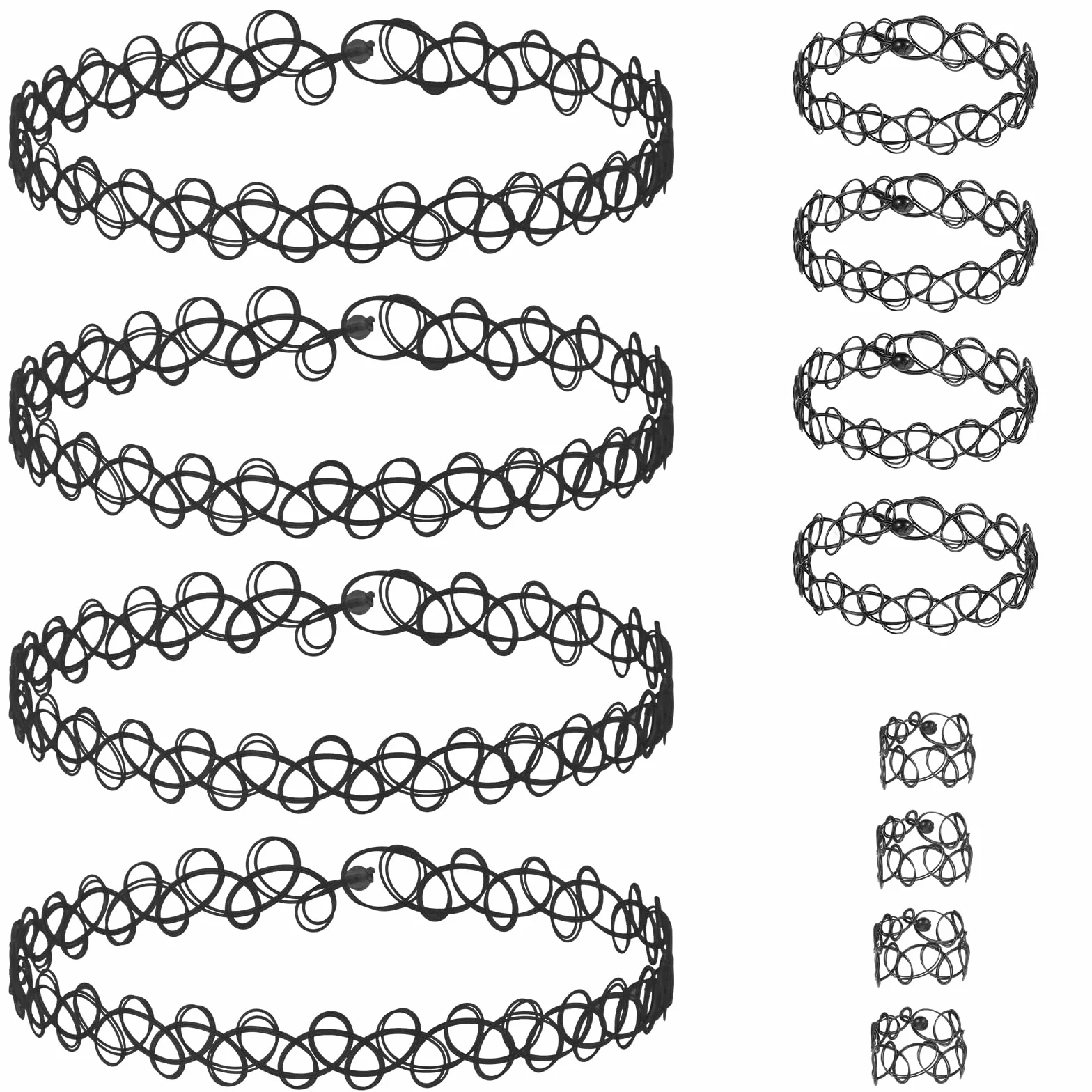Andibro 12 sztuk zestaw rozciągliwych naszyjników, 4 zestawy rozciągliwe naszyjniki choker z tatuażem, bransoletki, pierścionki damskie, vintage punk gothic, naszyjnik z tatuażem, gumowy, z lat 90