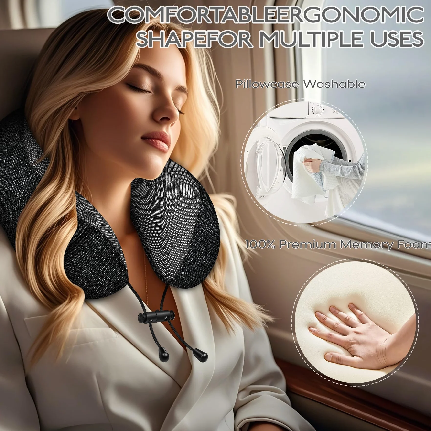 Poduszka pod kark do samolotu - poduszka podróżna 100% z pianki Memory Foam - przenośna poduszka lotnicza - z 3D maską do spania i zatyczkami do uszu - Idealna na fotel samolotowy, samochód, do
