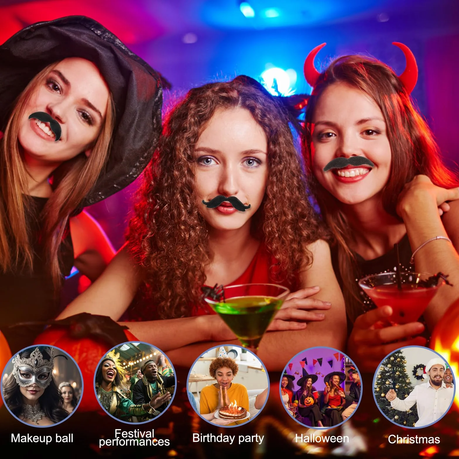 Nogeqi 48 sztuk wąsów do przyklejenia, wąsy, samoprzylepne, na maskaradę, urodziny, imprezę, Halloween, karnawał, Boże Narodzenie