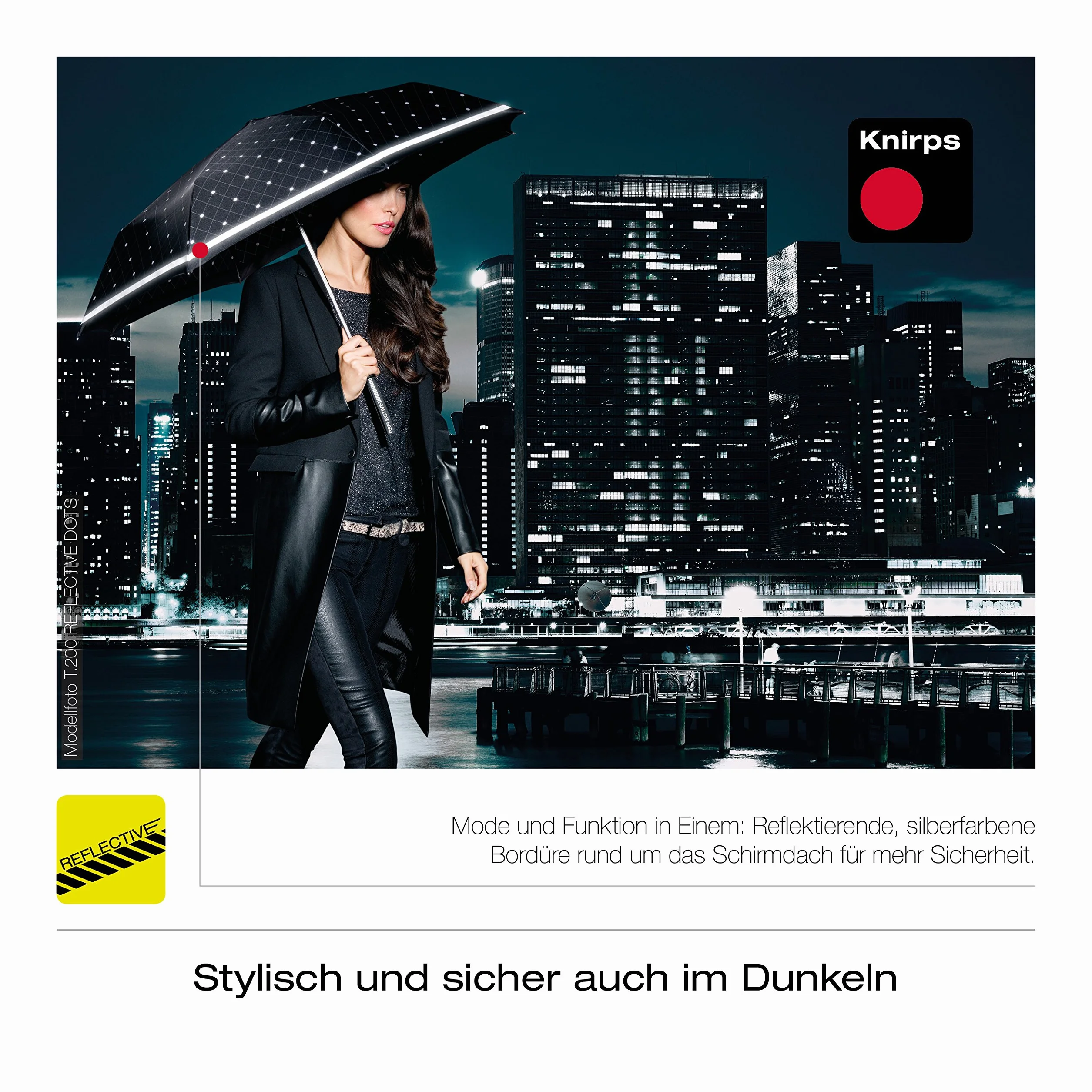 Knirps T.200 Medium Duomatic odblaskowy czarny parasol w sztyfcie, 94 cm, Czarny, 94 centimeters, Parasol w sztyfcie
