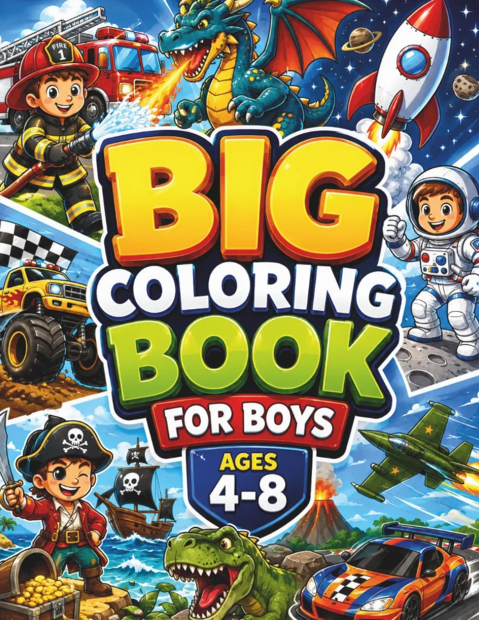 Big Coloring Book for Boys Ages 4-8: 50 Fun Coloring Pages with Dinosaurs, Space, Vehicles, Sports, Jobs & Adventures