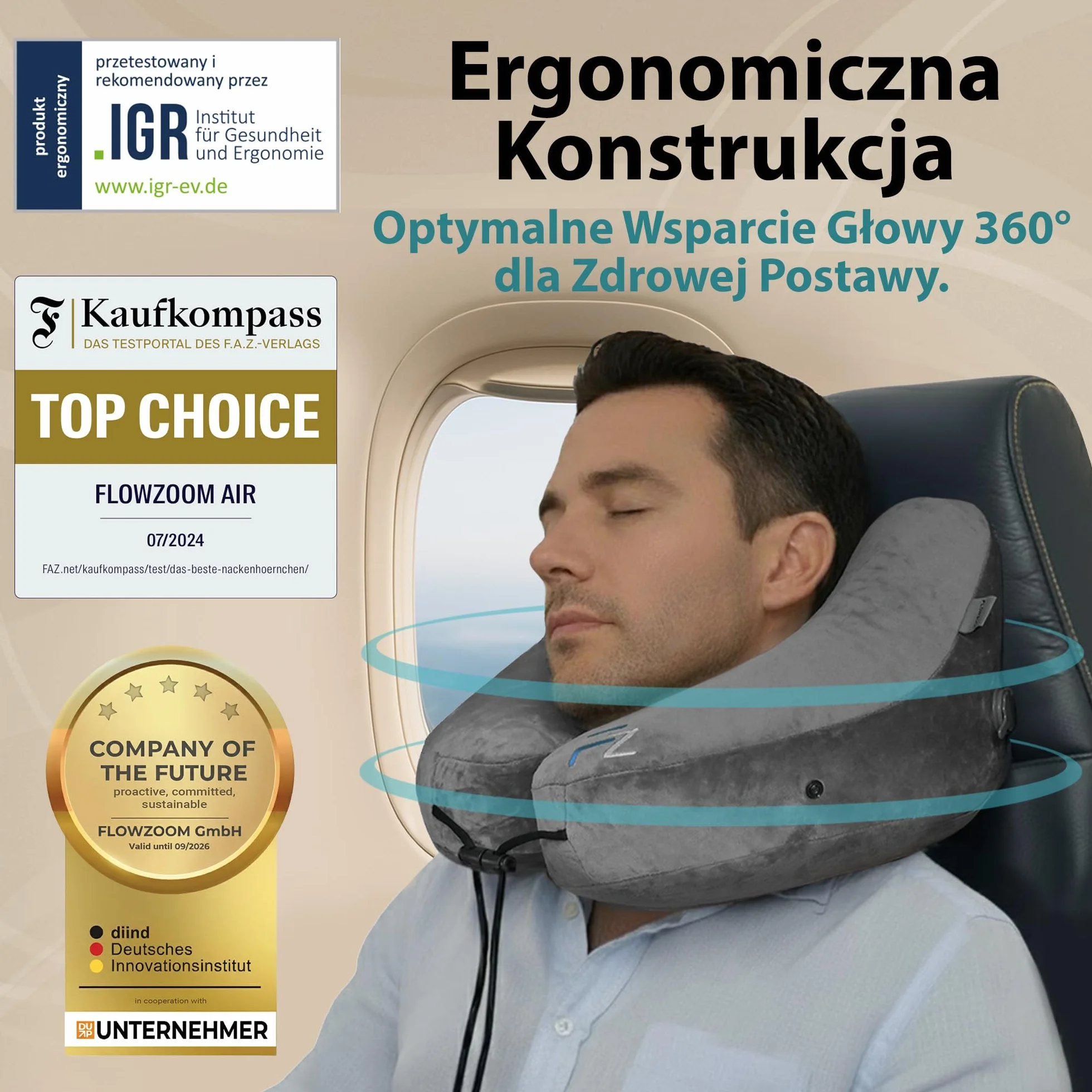 FLOWZOOM Air Dmuchana Poduszka Podróżna z Kapturem dla Kobiet - Do Samolotów, Pociągów i Samochodów - Poduszka Zapewnia Wsparcie Szyi 360 ° - Szybkie Pompowanie - Szary Rozmiar L