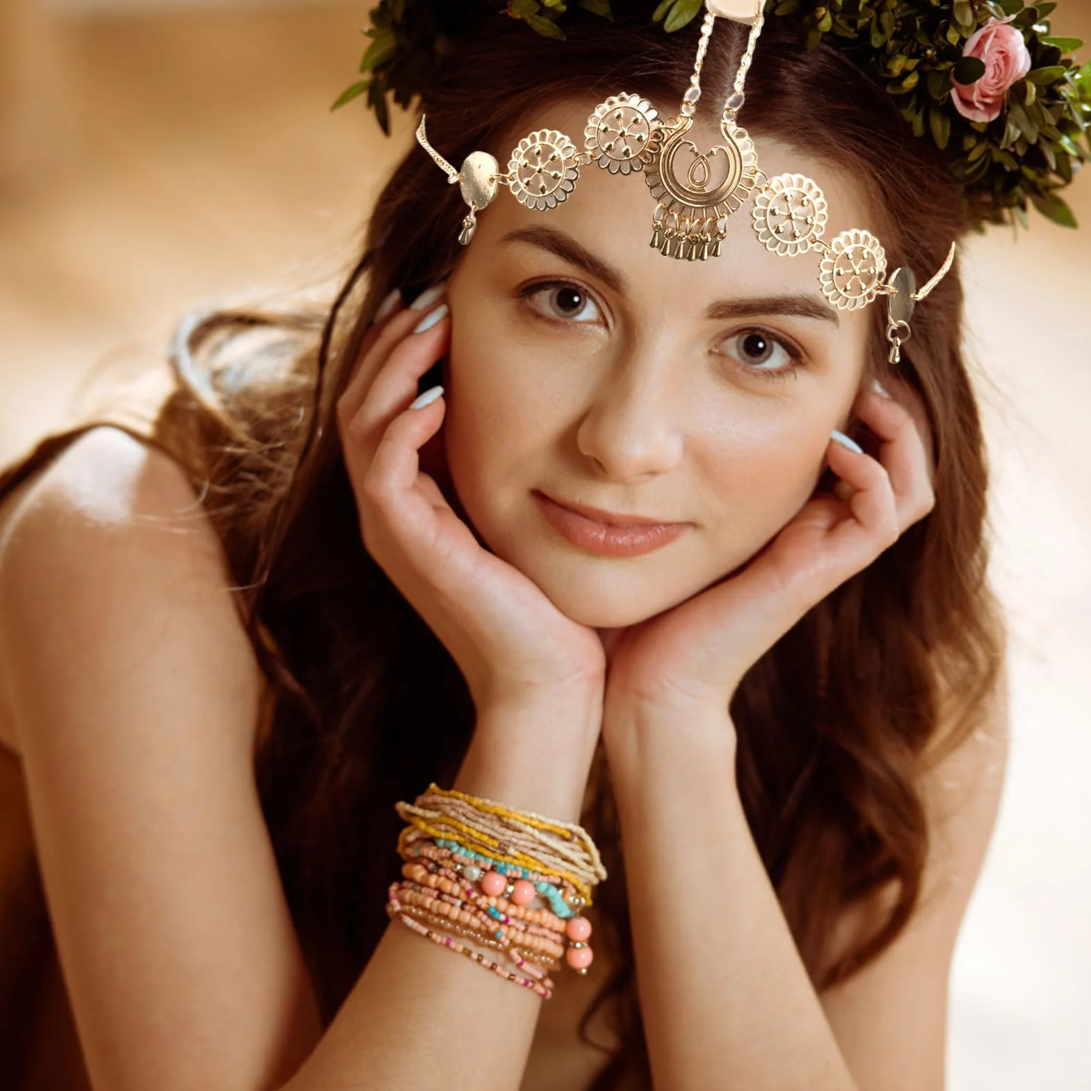Vintage złoty łańcuszek na głowę boho akcesoria Kleopatra Festiwal ślubny warstwowy łańcuszek do włosów z cekinami i frędzlami akcesoria do włosów dla kobiet i dziewcząt