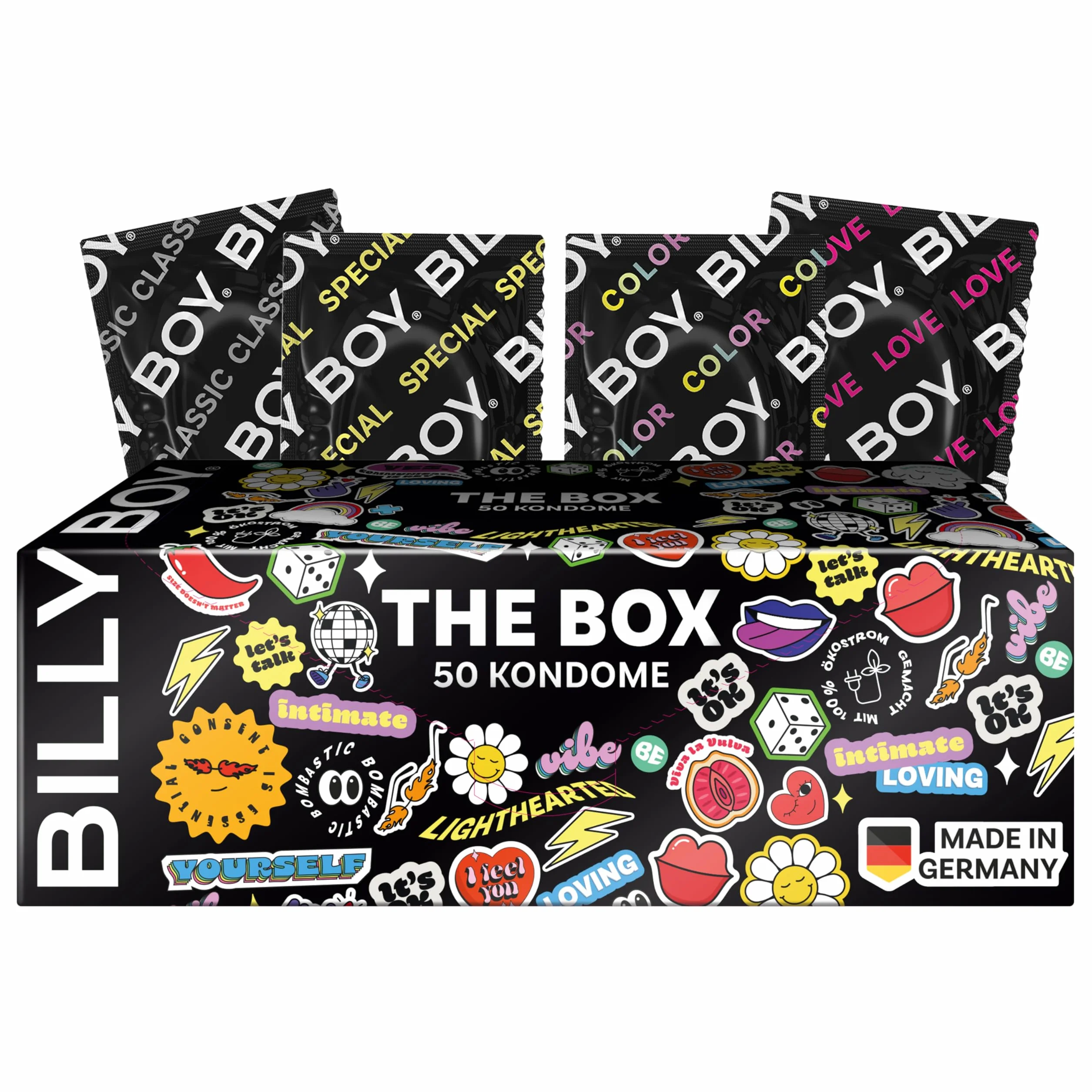 BILLY BOY Prezerwatywy | w zestawie THE BOX 50 prezerwatyw w rozmiarach 52 mm i 56 mm | 8 różnych rodzajów w jednym zestawie (1 × 50 sztuk)