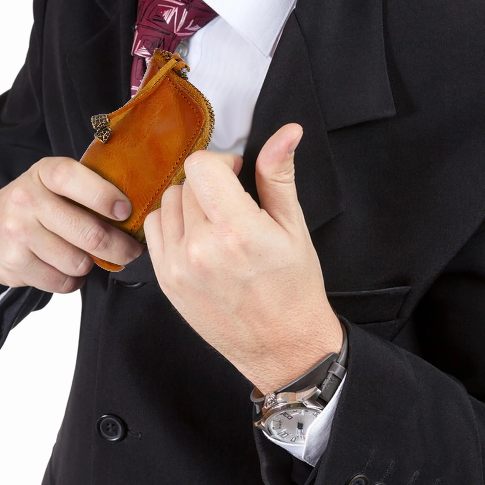 TIESOME Saszetka na monety z prawdziwej skóry, średniowieczna, skóra bydlęca, na drobne zamek błyskawiczny, portmonetka, organizer, z brelokiem, mała, podróżna, dla mężczyzn, Brązowy, 11x6.5x6.5cm,