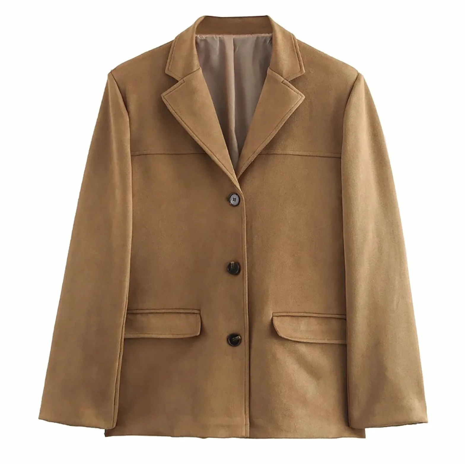 Damskie Faux Suede Kurtki Lapel Kołnierz Suede Marynarka Jesień Zima Długi Rękaw Moda Zamsz Kurtki