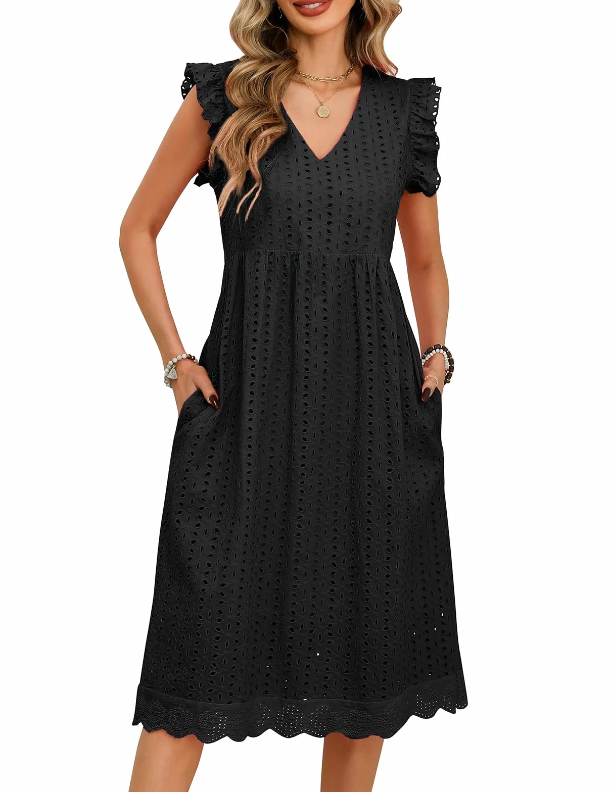 UMIPUBO Letnie sukienki damskie bawełna dekolt w serek midi sukienka bez rękawów z kieszeniami eleganckie boho sukienka plażowa na co dzień jednolite kolory letnie sukienki