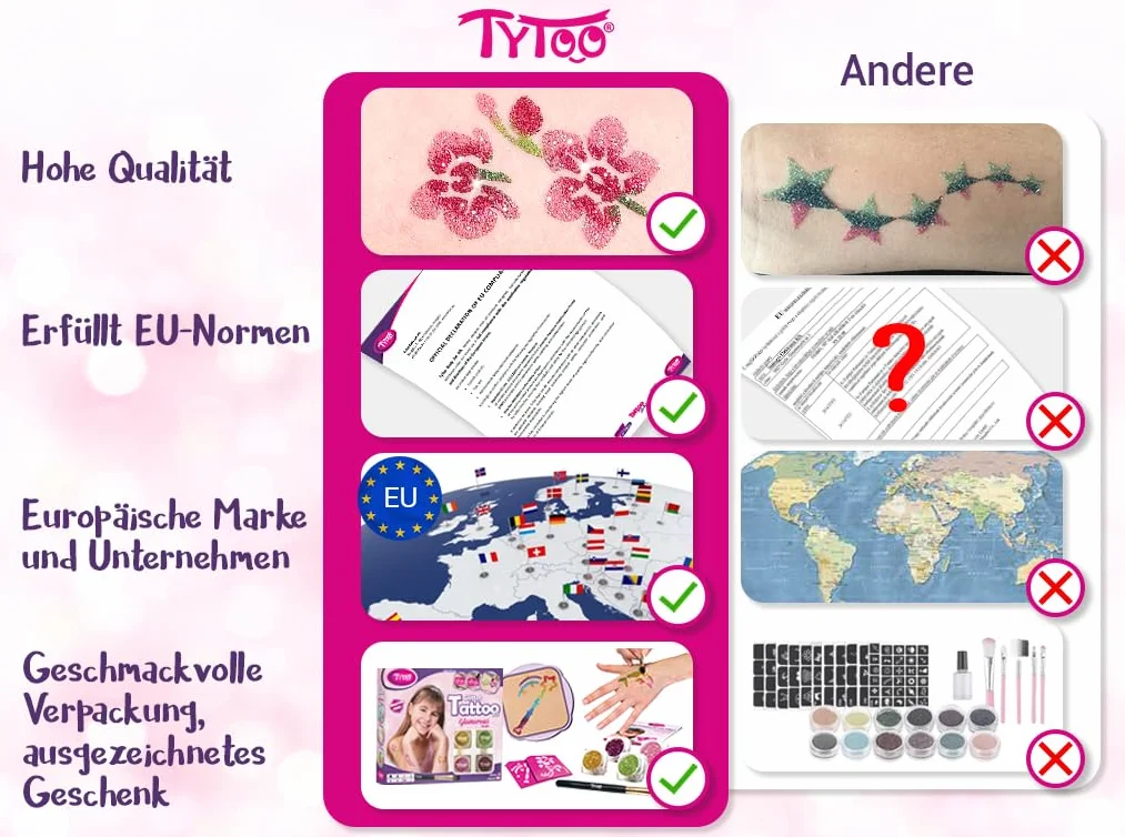 TyToo Zestaw brokatowych tatuaży dla dzieci – 28 szablonów i 3 kolory brokatu – przyjazny dla skóry, wodoodporny i testowany dermatologicznie – kreatywny zestaw do makijażu na urodziny, imprezę i