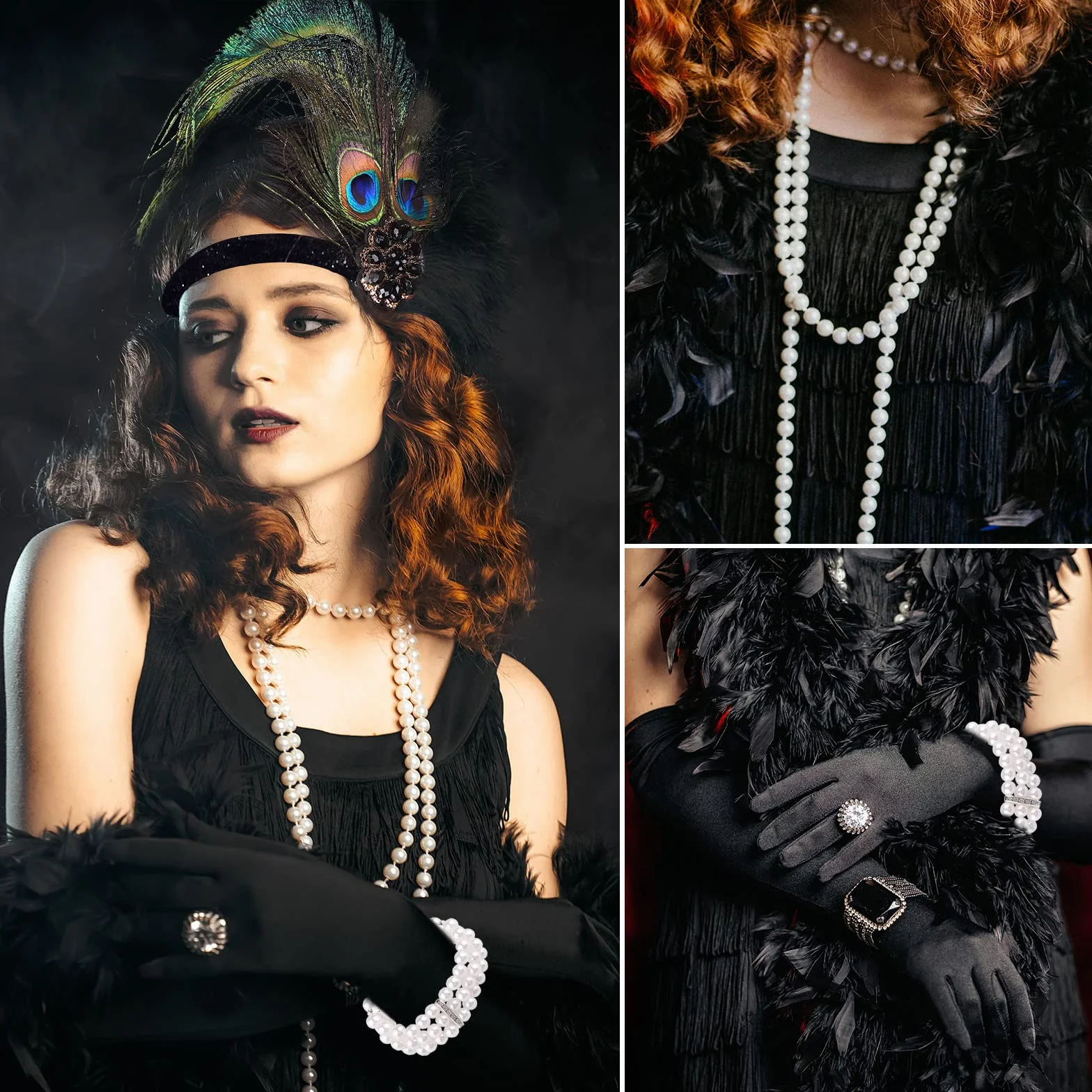 PLULON 7 sztuk 1920 Flapper Great Gatsby Akcesoria Zestaw Moda Roaring 20's Zestaw tematyczny z opaską na głowę Długie Czarne Rękawiczki Naszyjnik Kolczyki dla kobiet (Styl 5)