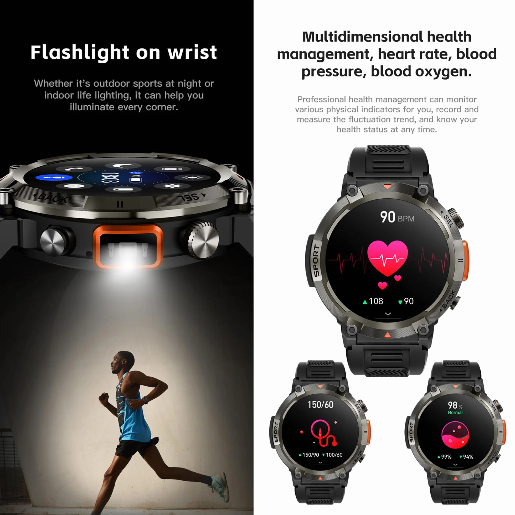 Smartwatche Mężczyźni z Funkcje Telefonu Bluetooth, Sportowy Smartwatch 1,45 Cala ze 123 trybami Sportowymi, Pochodnia, Pomiarem Tętna, Odtwarzaczem Muzycznym, Wodoodpornością IP68 dla Android iOS