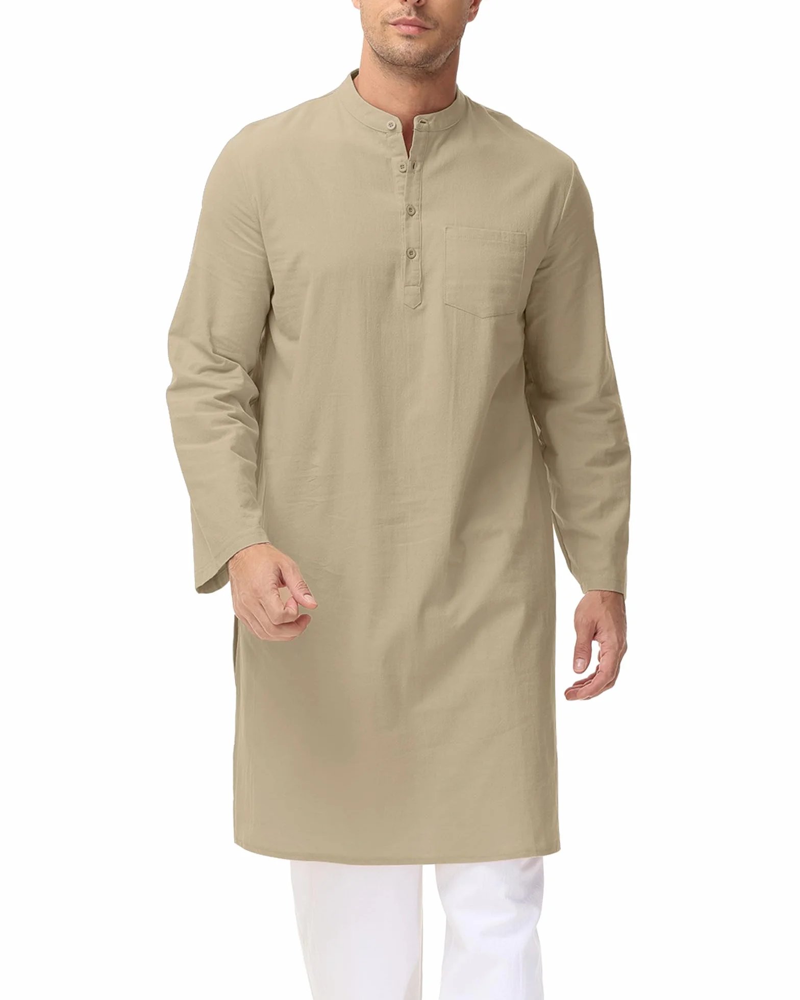 LVCBL Kaftan męski szlafrok muzułmański dekolt z długim rękawem Kaftan guzik wysoki Thobe M-3XL