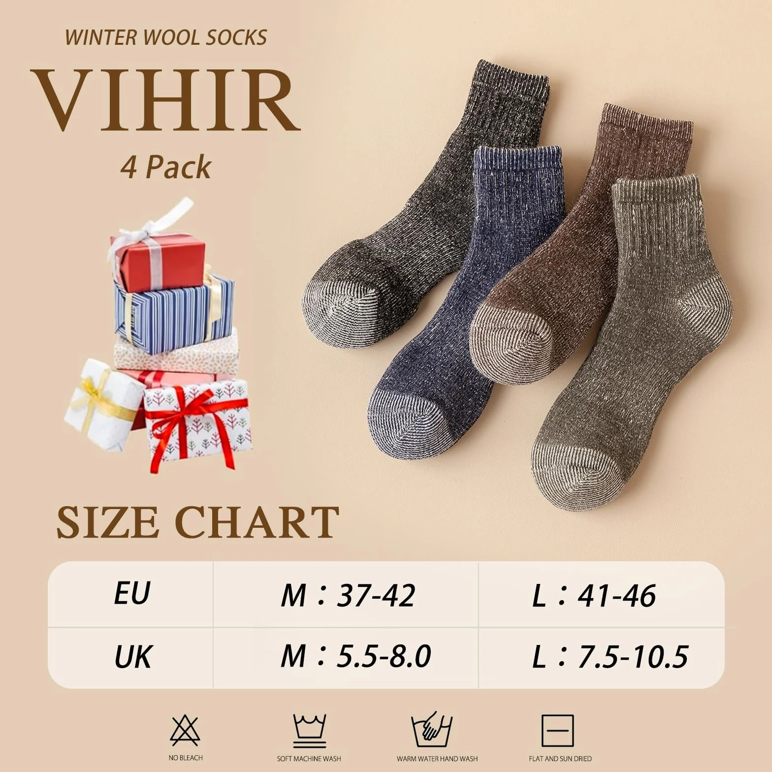 Vihir 4 pary skarpet z merynosa - skarpetki 80% wełny Męskie skarpety z merynosa do narciarstwa, trekkingu, wędrówek 37-42, 41-46