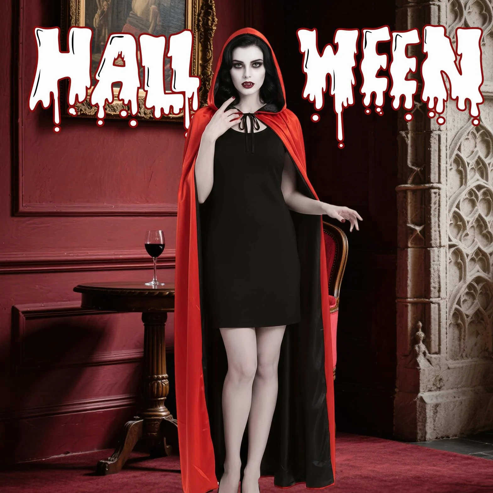 Peleryny wampirów na Halloween, dla dorosłych, płaszcz wampira, dla kobiet, mężczyzn, unisex, odwracalna bluza z kapturem z wampirami, sztuczne zęby, kostiumy czarownicy na Halloween, fantazyjny