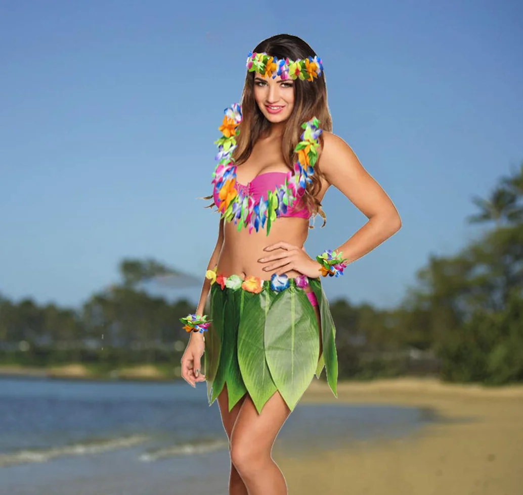 Zestaw 5 listków hula rock i hawajski zestaw Leis, hula Rock + kwiatowa opaska na czoło + 2 kwiaty bransoletki + girlanda na szyję, kostium na imprezę Hula Luau dla kobiet i dziewcząt