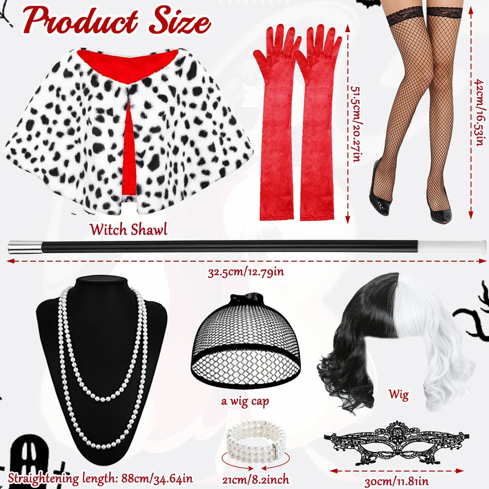 9 sztuk Cruella Zestaw cosplay dla kobiet, czarna i biała peruka, diabelski strój z peruką, maską, perłami, bransoletkami, rękawiczkami, szalikiem, papierosem i siatkowymi rajstopami na karnawał
