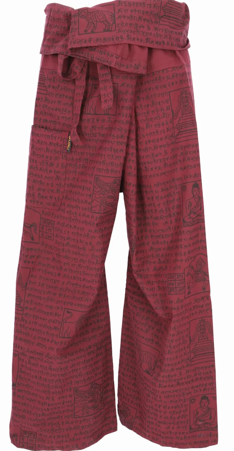 GURU SHOP Tajskie spodnie wędkarskie z nadrukiem mantry, tkana bawełna, spodnie do przewijania, spodnie do jogi, męskie/damskie, zielone, rozmiar: jeden rozmiar