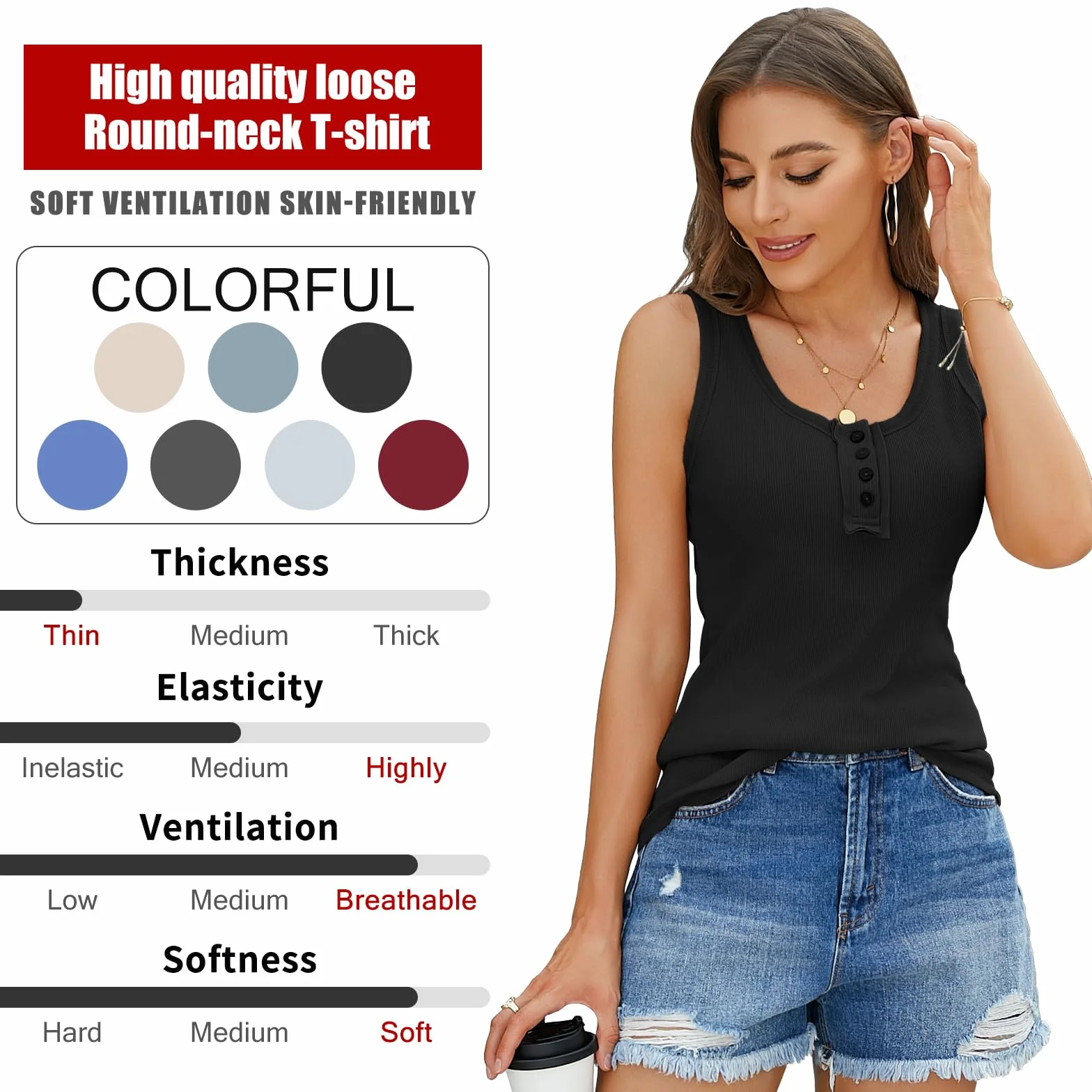 Letnia elegancka bawełniana koszulka z dekoltem w kształcie litery U, w jednolitym kolorze, seksowny top w stylu casual, bez rękawów, luźny krój