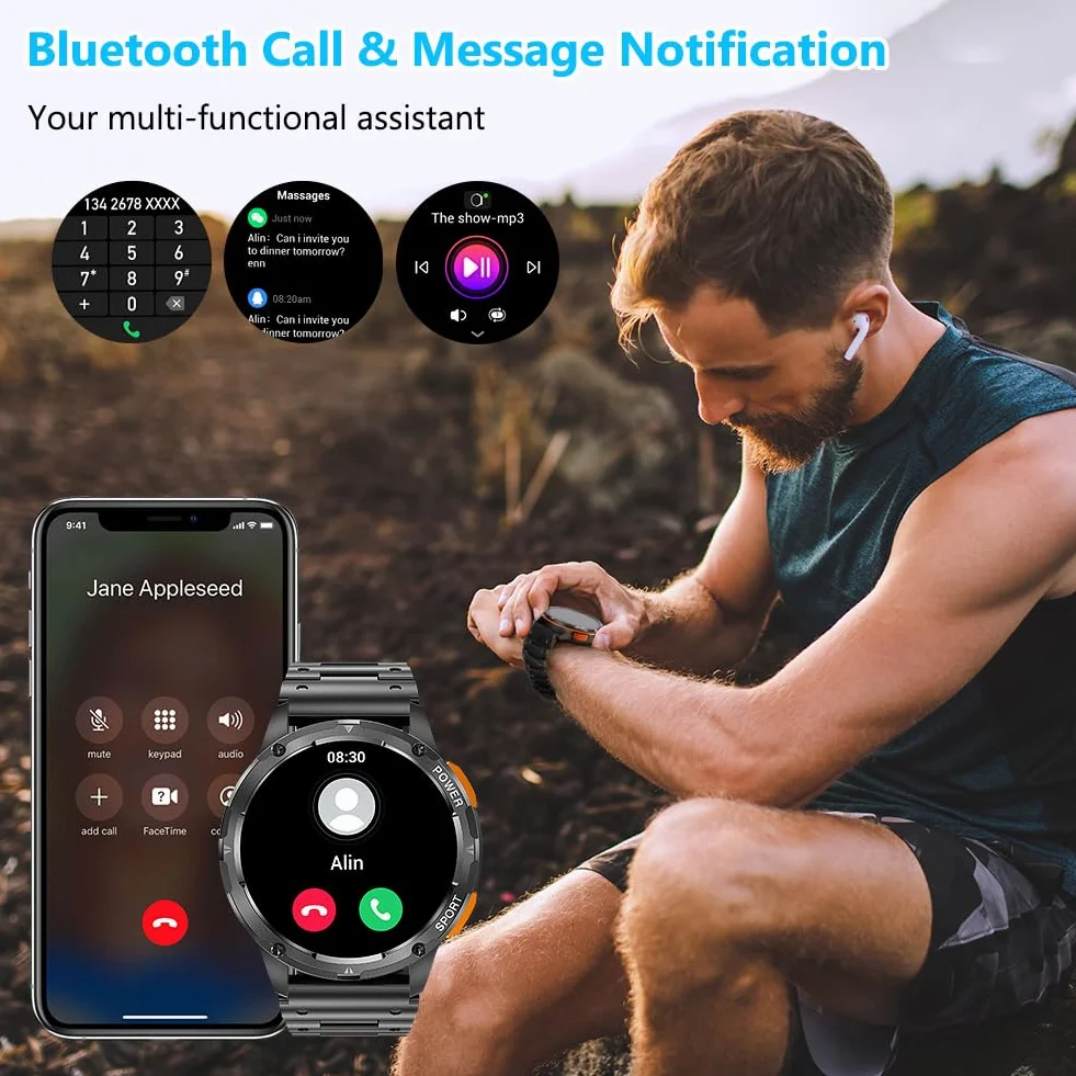 AXFEE Smartwatch męski, 1,43" HD Outdoor zegarek sportowy, 70+ trybów sportowych, pulsometr/monitor snu / krokomierz, wodoszczelność IP68, połączenia Bluetooth, męski zegarek sportowy z taśmą, zegarek