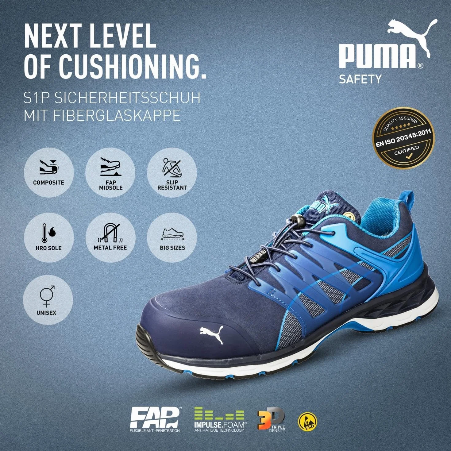 PUMA Safety Velocity 2.0 Blue Low buty robocze, buty ochronne, S1P SRC, czapka z włókna szklanego dla mężczyzn