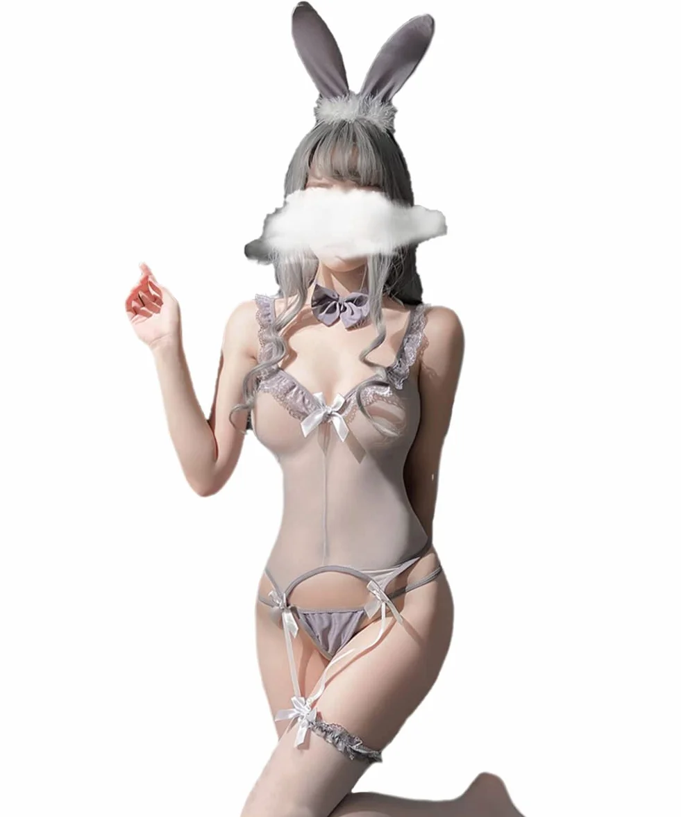 Bunny Anime Bielizna damska z prześwitującą siateczką, seksowny kostium króliczka Senpai, jednoczęściowy zestaw pończoch