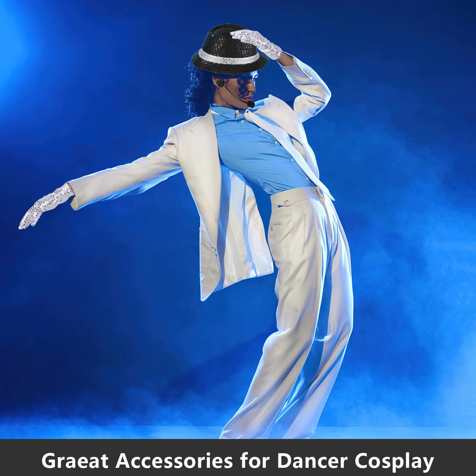 Hifot 7 x akcesoria do kostiumu MJ dla dorosłych, brokatowa czapka, zestaw słuchawek i okularów ze słodkimi cekinami, srebrne skarpetki, zestawy kostiumowe do cosplayu, kostium taneczny z lat 80