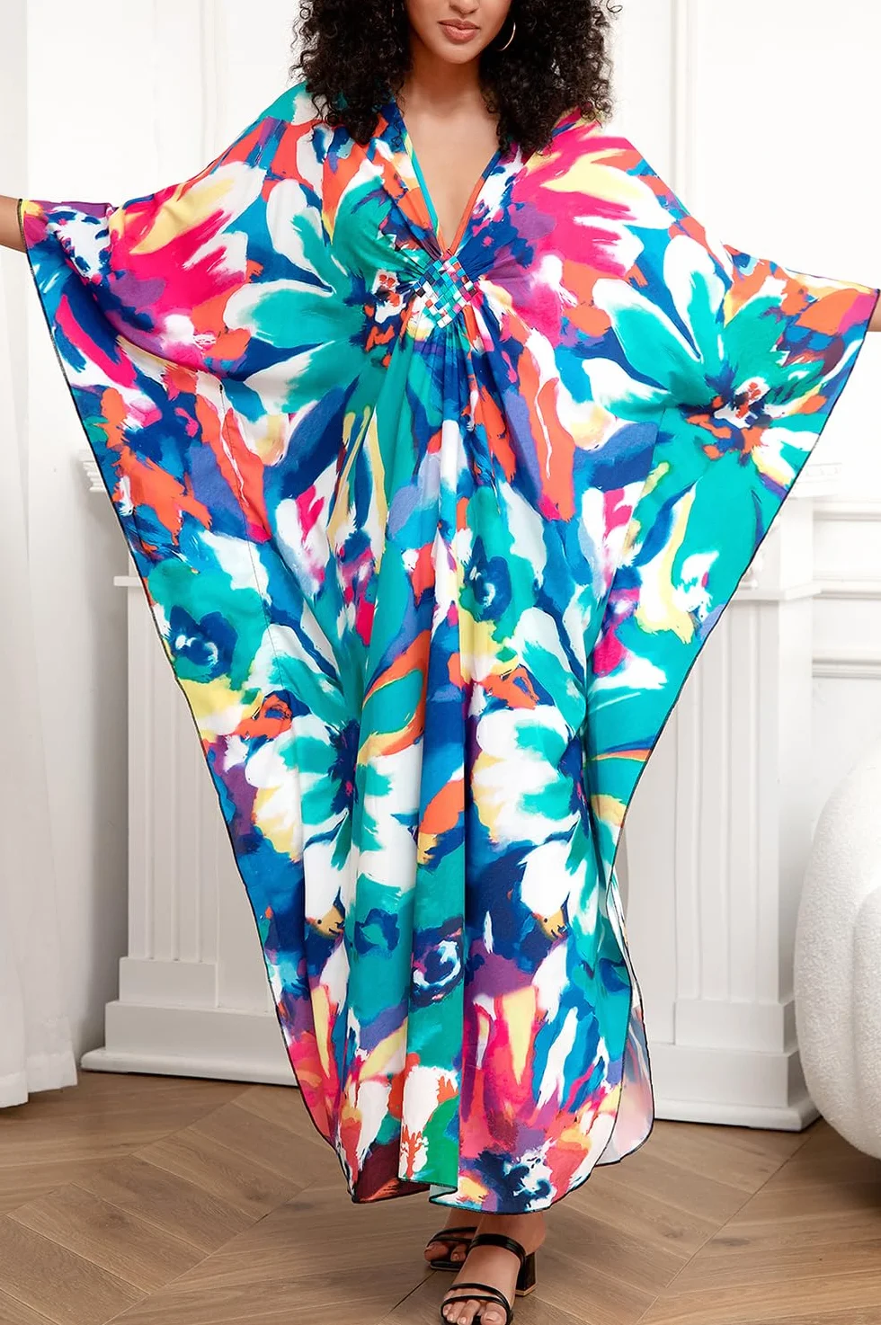 Damskie kwieciste haftowane kimono, długa letnia sukienka maxi, kaftan, na plażę, okrycie górne boho